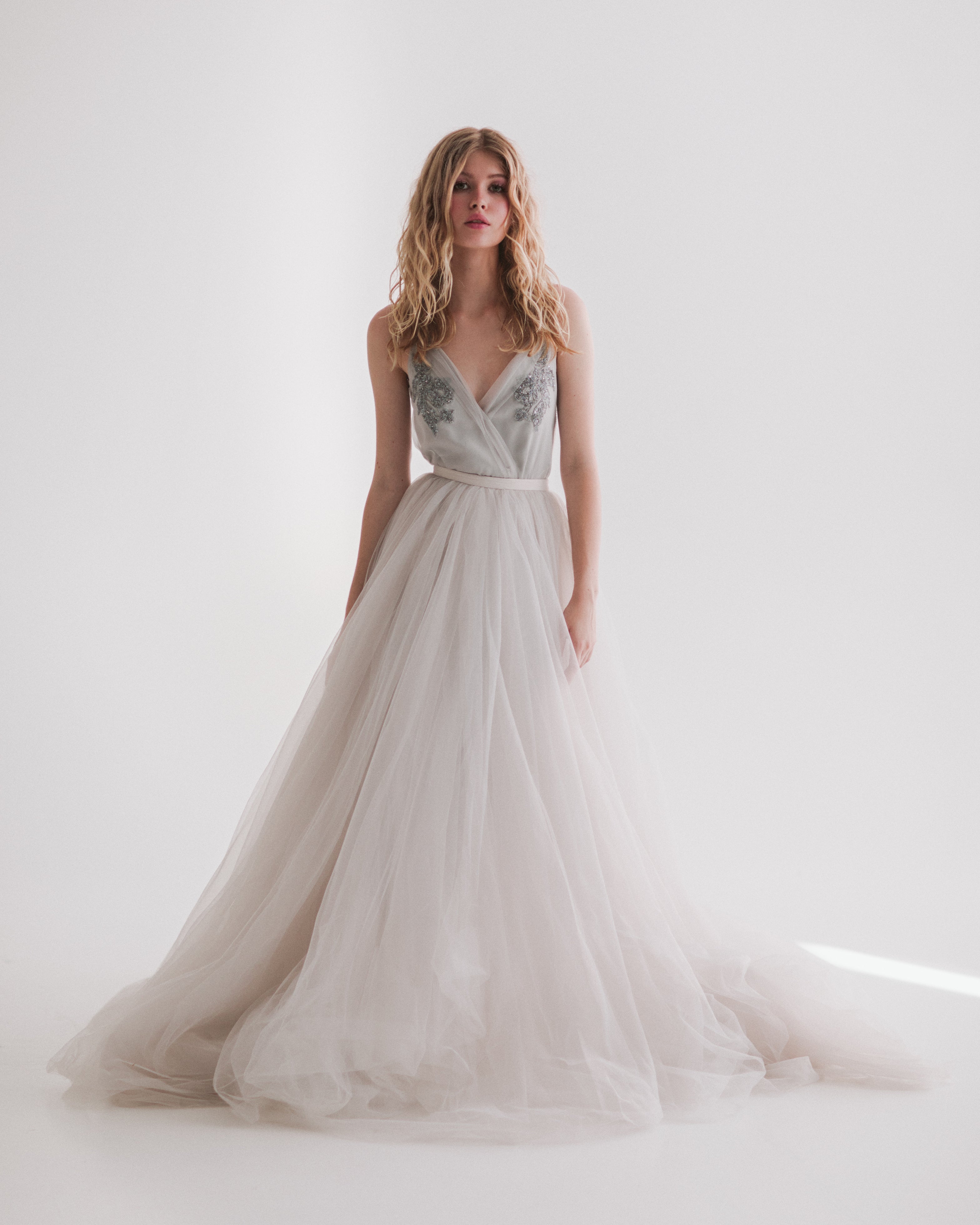 A line v neck wedding dress Tulle wedding dress Sumarokova Atelier