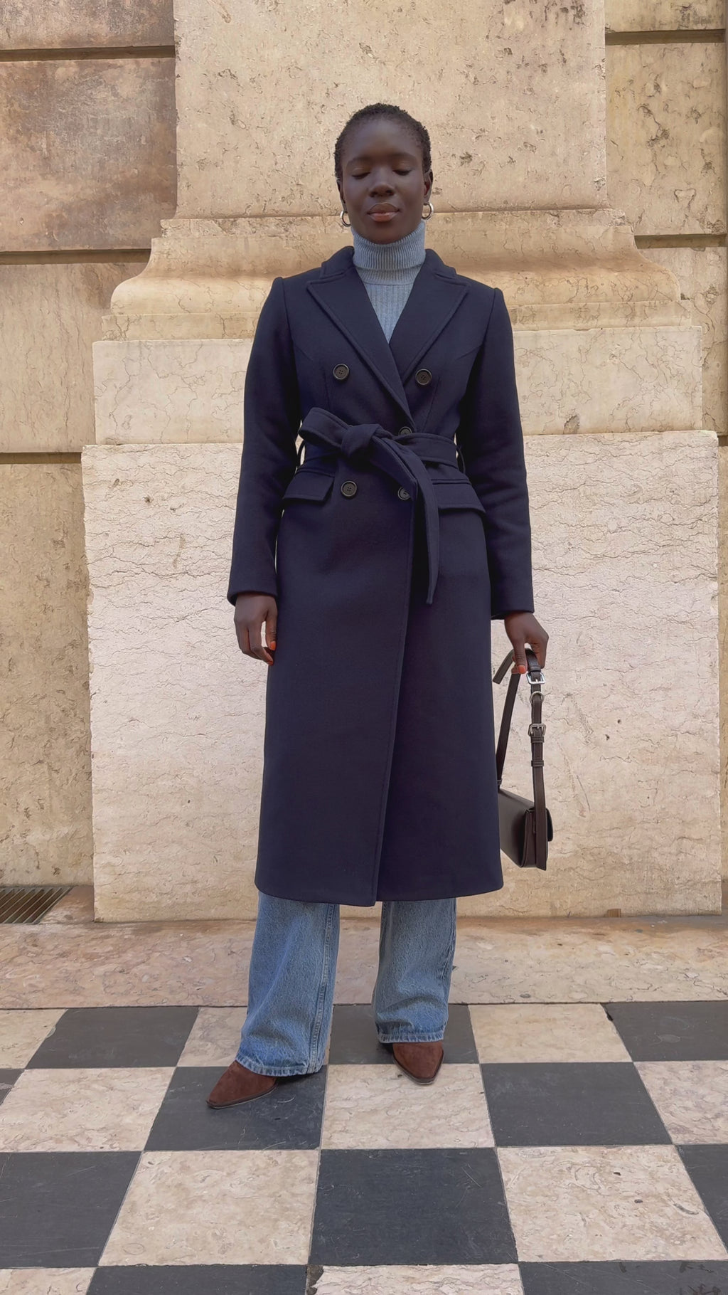 Tapered wool coat in navy blue video
