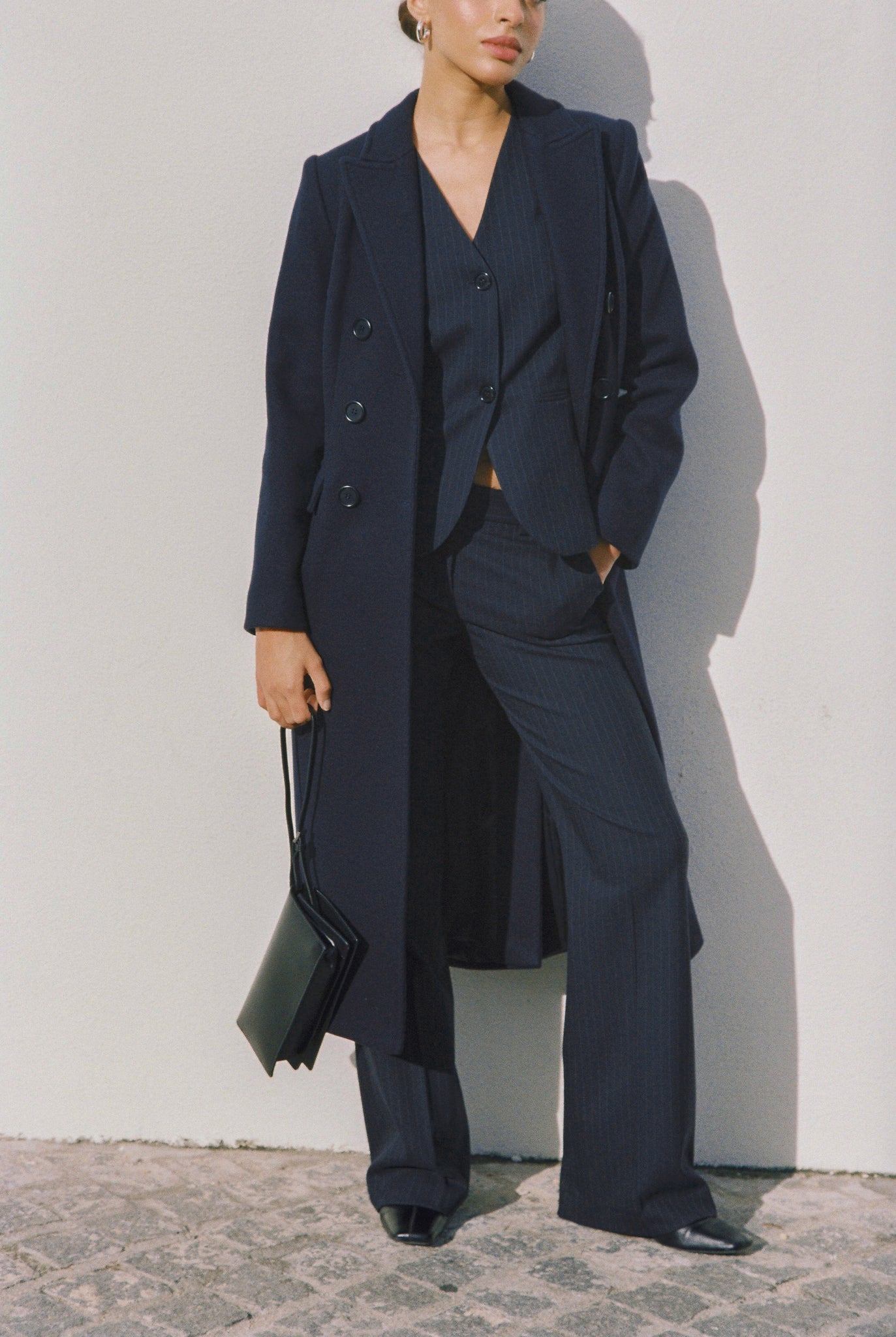 Tapered wool coat in navy blue photo 8