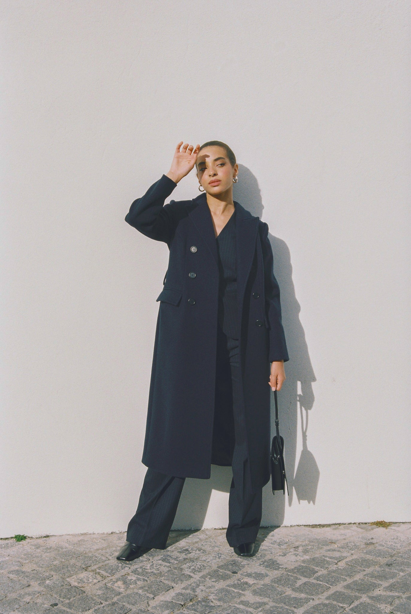 Tapered wool coat in navy blue photo 9