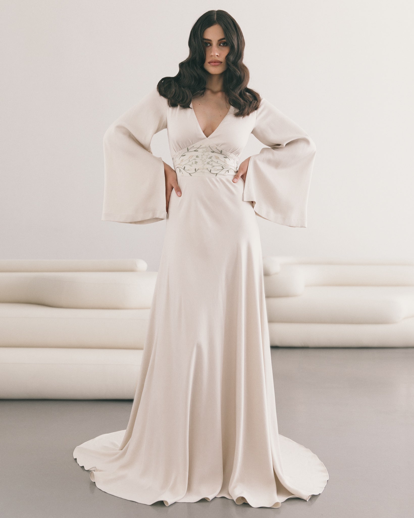 Long sleeve ivory wedding dress Flared sleeve bridal dress