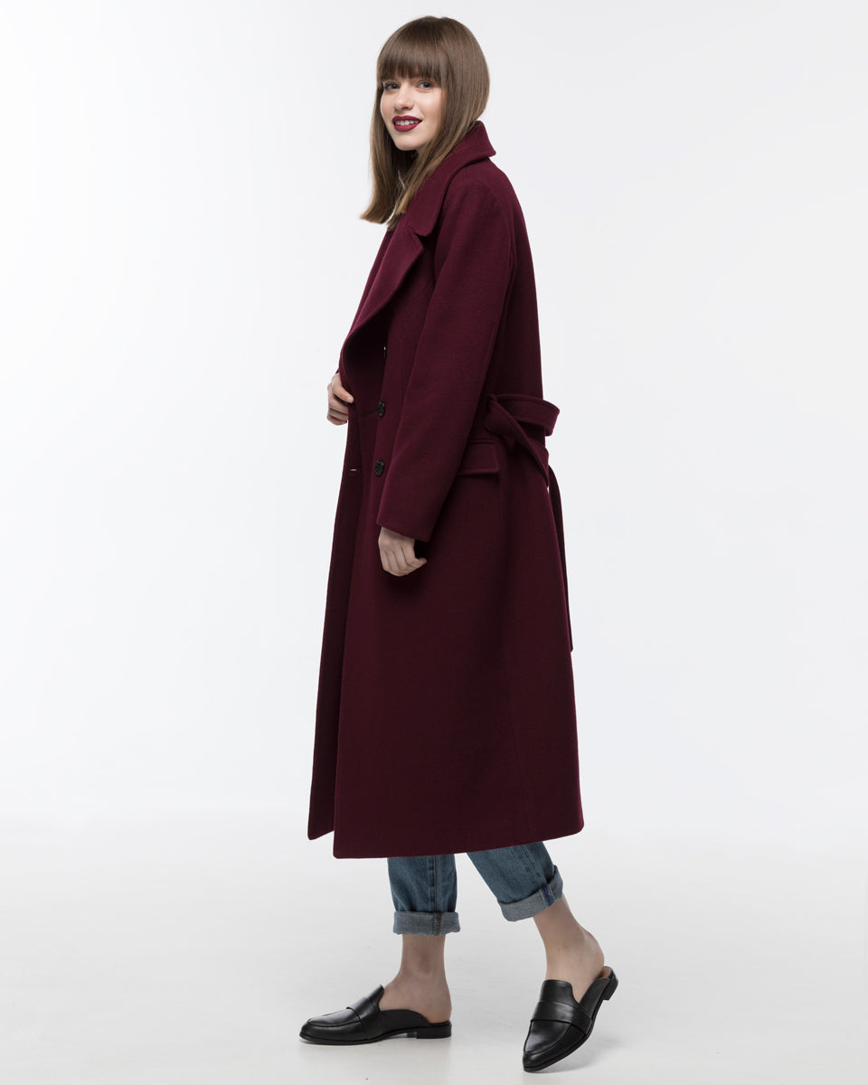 burgundy dress coat womens Burgundy Wool Long Coat with Hood and Belt for Elegant Winter Style Burgundy / XS