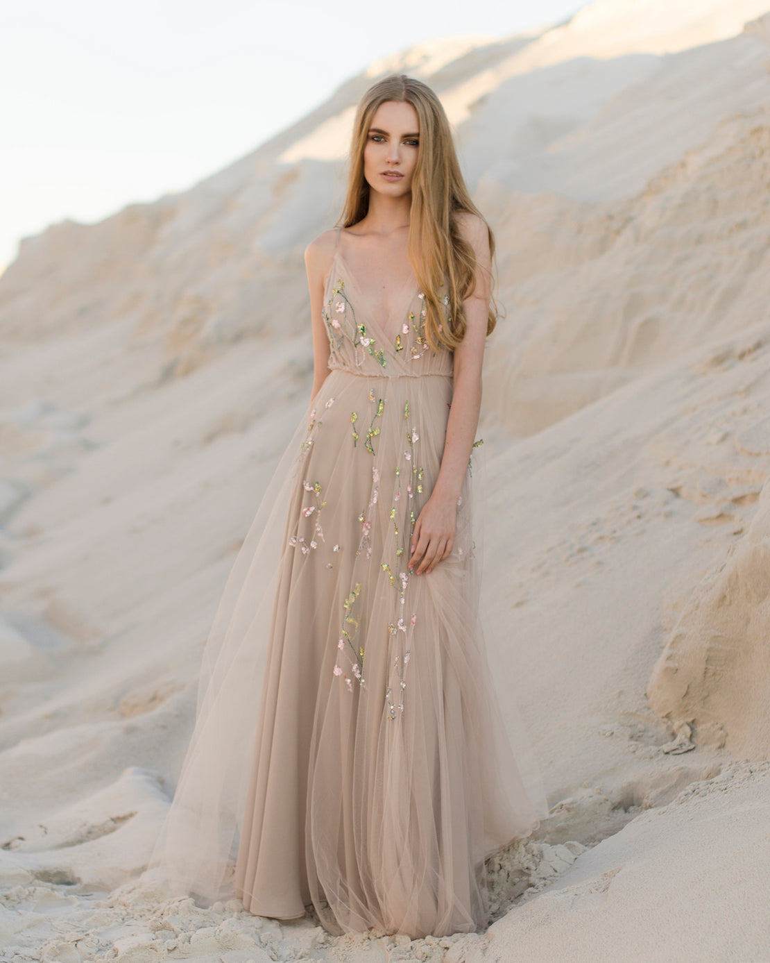 Beige wedding gown with hand-made embroidery Ready to ship 4 US / Seashell Beige wedding gown with hand-made embroidery Ready to ship 4 US / Seashell