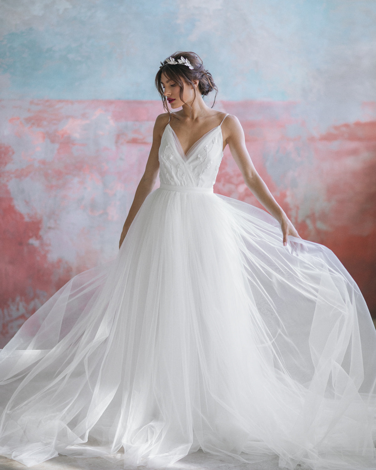 Wedding dress with transparent back and A-line tulle skirt photo 1