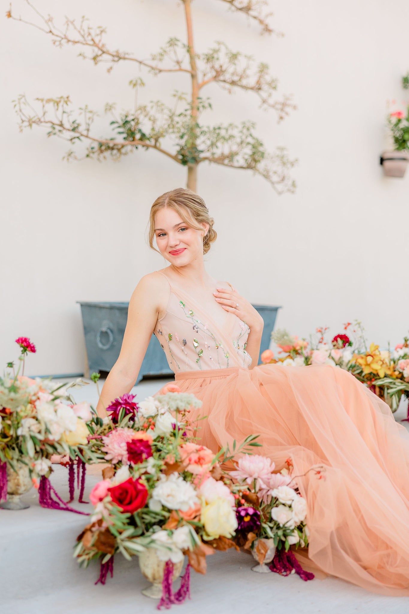 Wedding dress with colored flowers