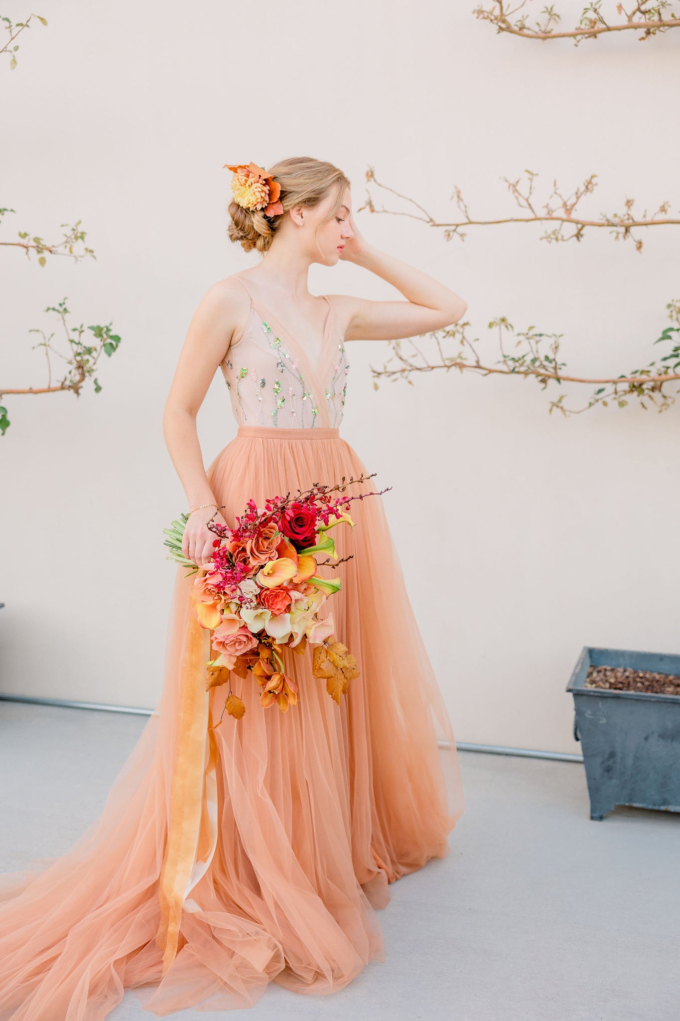 Wedding dress with colored flowers