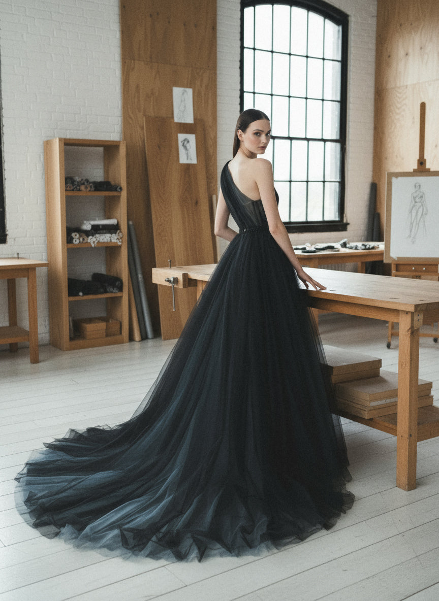 Black One-Shoulder Evening Gown with A-Line Skirt – Sumarokova Atelier