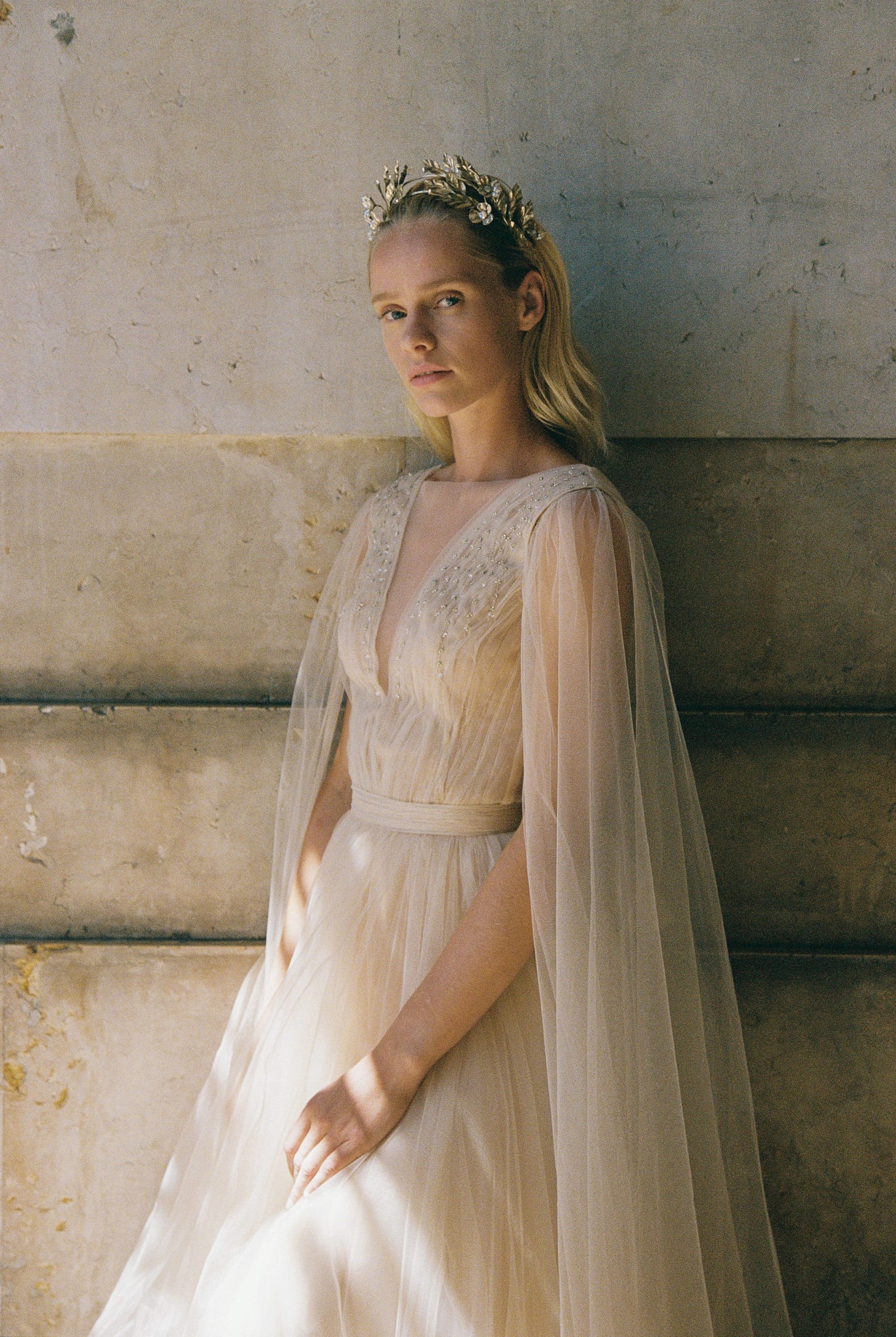 Beaded ball gown wedding dress with cape sleeves 12 US / champagne Beaded ball gown wedding dress with cape sleeves 12 US / champagne