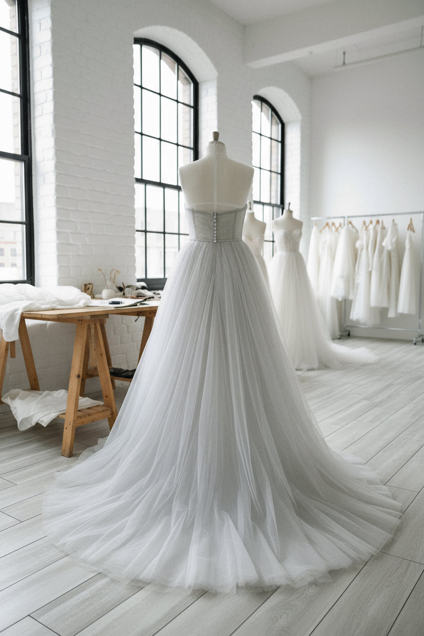 Beaded a line wedding dress | Light Gray Wedding Dress with A-Line Skirt Sumarokova Atelier Beaded a line wedding dress | Light Gray Wedding Dress with A-Line Skirt Sumarokova Atelier