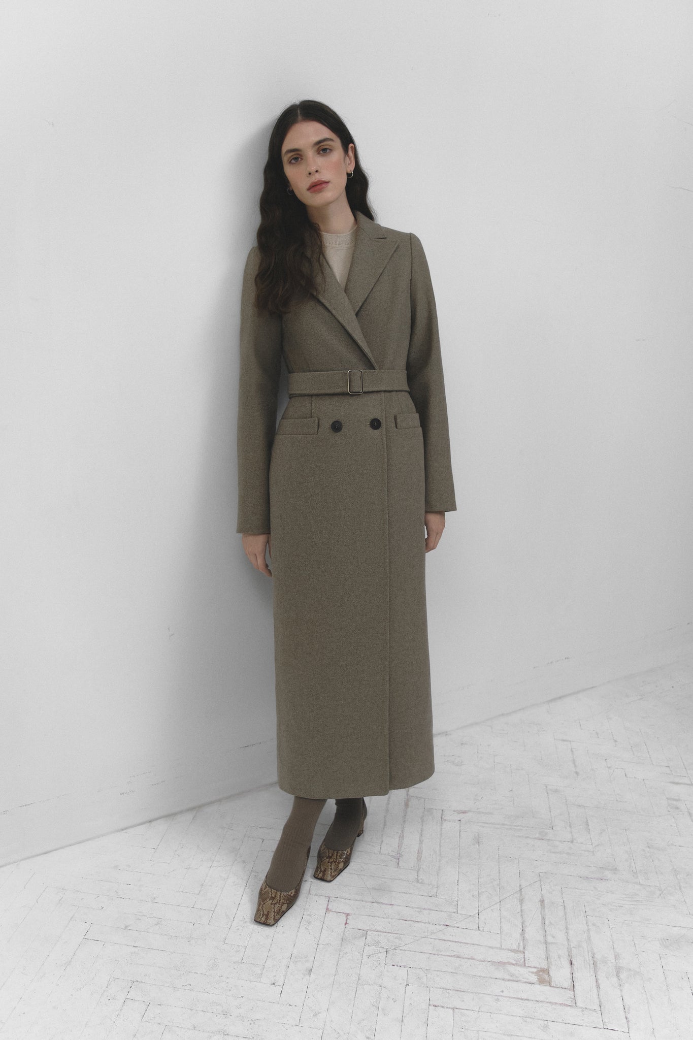 Structured wool coat in gray beige color photo 12