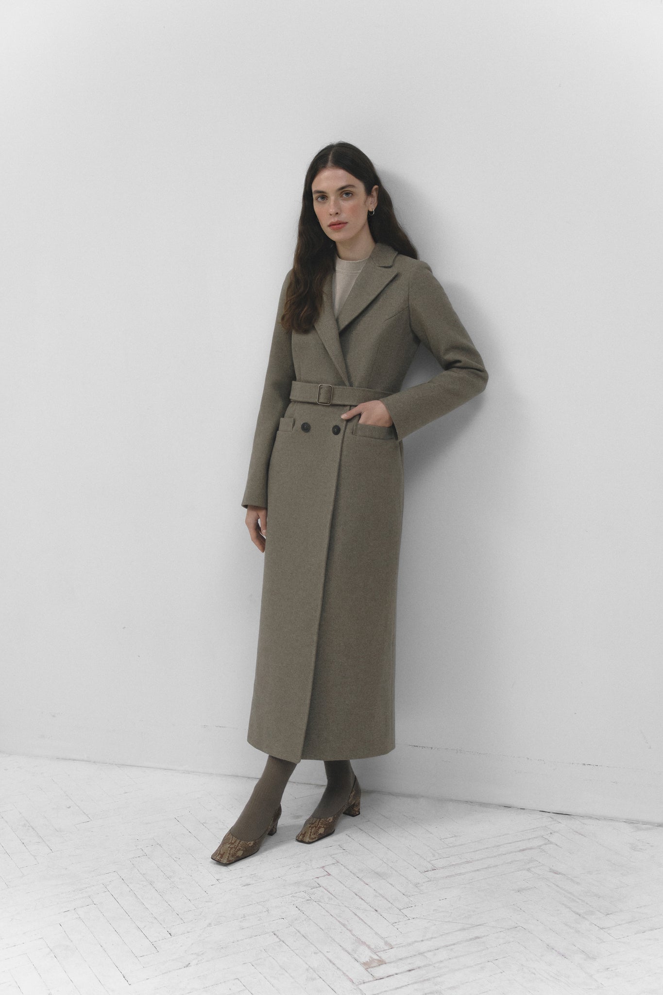 Structured wool coat in gray beige color photo 8