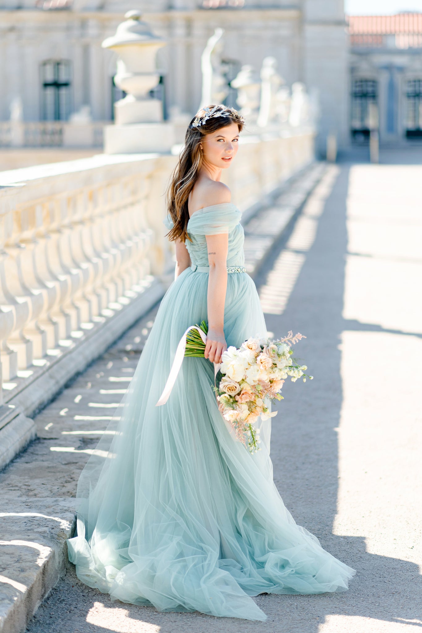 Off the shoulder tulle wedding dress 6 US / Frosty Mint Off the shoulder tulle wedding dress 6 US / Frosty Mint