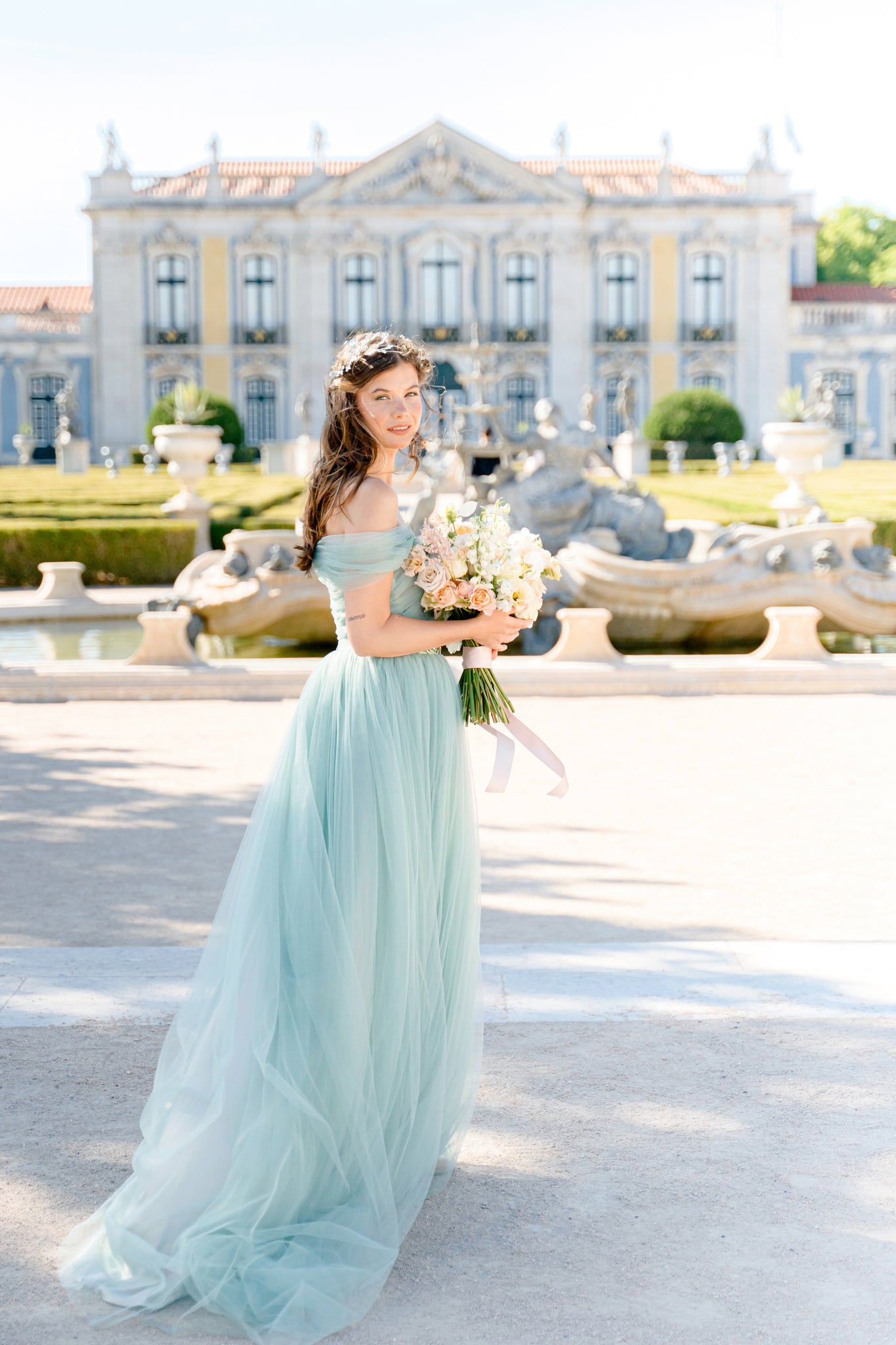 Frosty mint off-shoulder bridal dress with open back and full tulle skirt photo 11