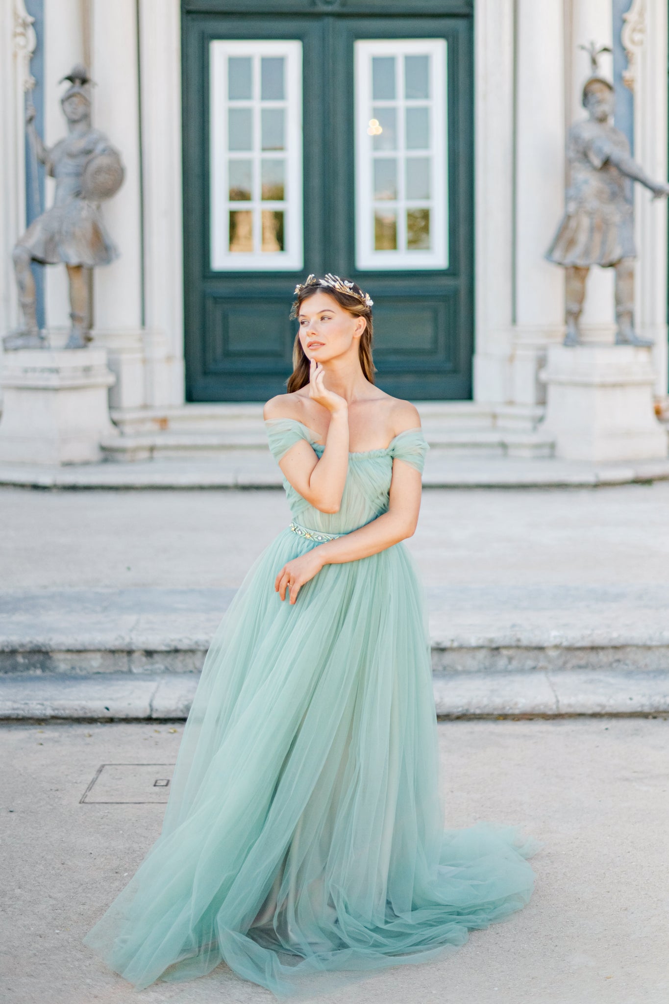 Frosty mint off-shoulder bridal dress with open back and full tulle skirt photo 6