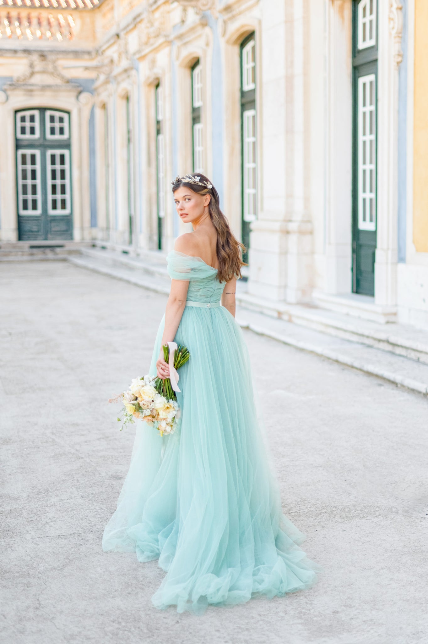 Frosty mint off-shoulder bridal dress with open back and full tulle skirt photo 14