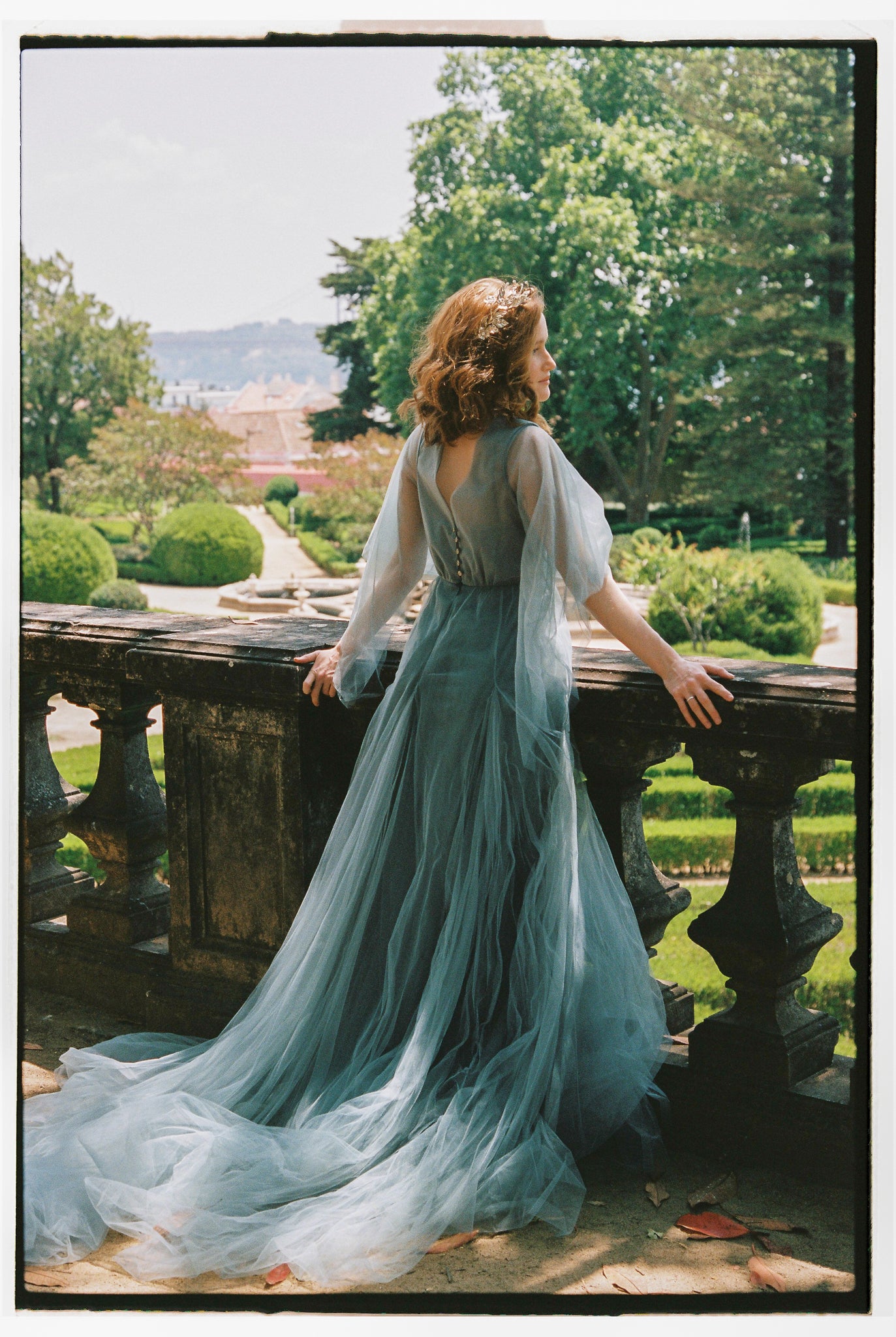 Ash blue embroidered wedding gown photo 1