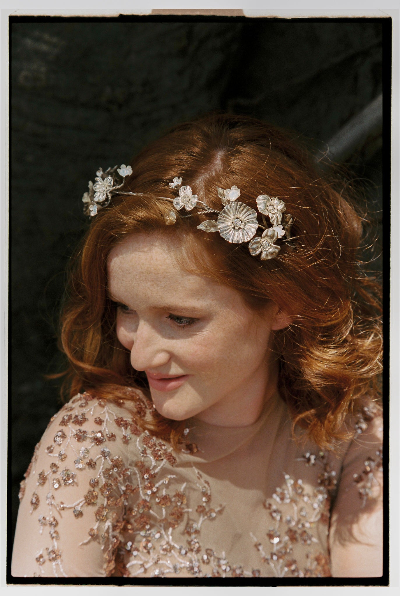 Floral silver wedding crown with crystals photo 2