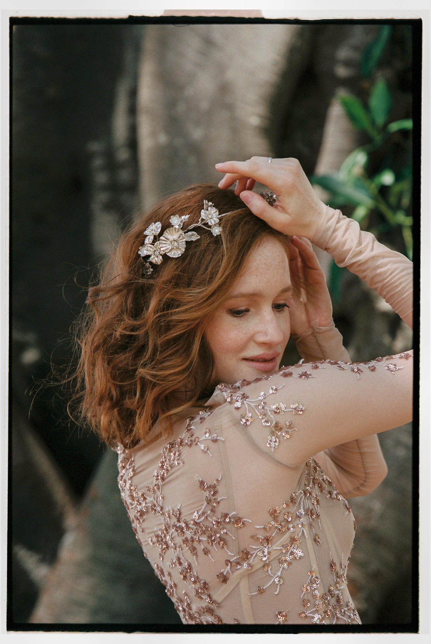 Floral silver wedding crown with crystals photo 1