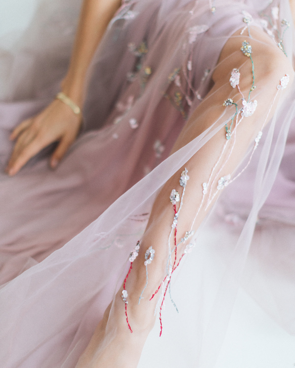 Boho embroidered wedding dress in pale purple photo 10