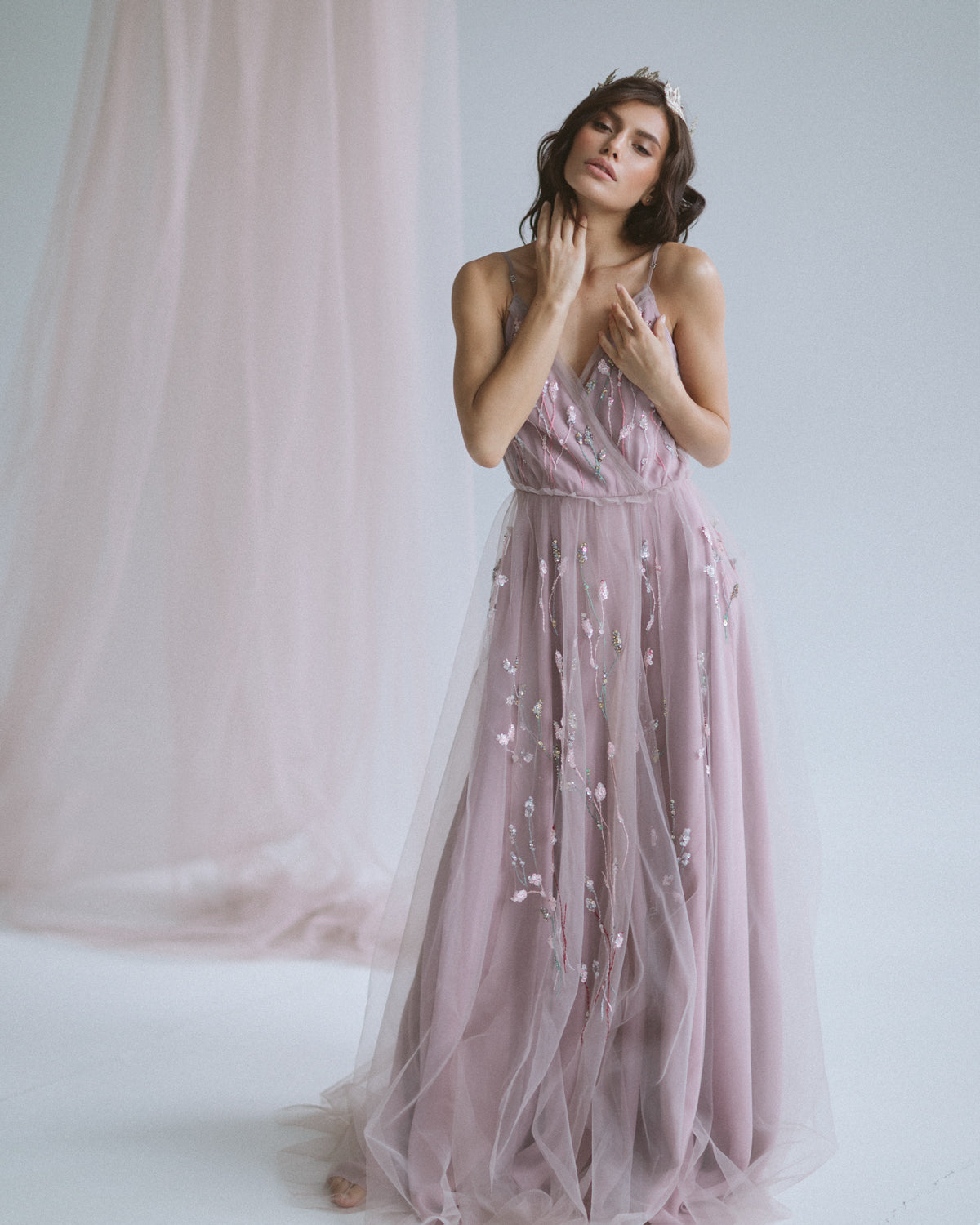 Boho embroidered wedding dress in pale purple photo 1