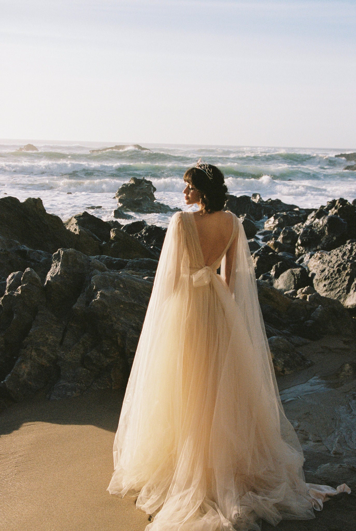A-line beaded tulle wedding dress with cape sleeves photo 8