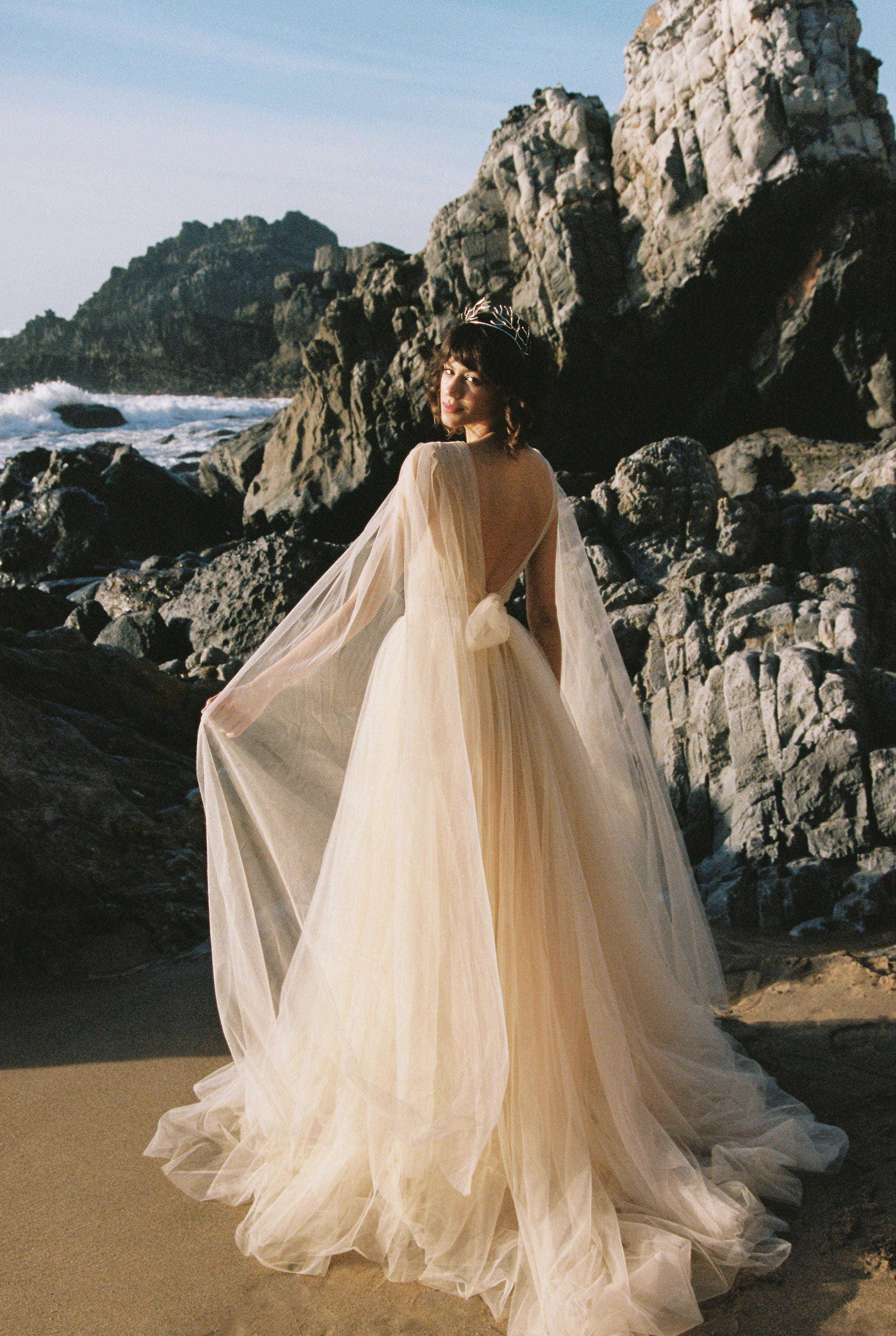 A-line beaded tulle wedding dress with cape sleeves 8 US / champagne