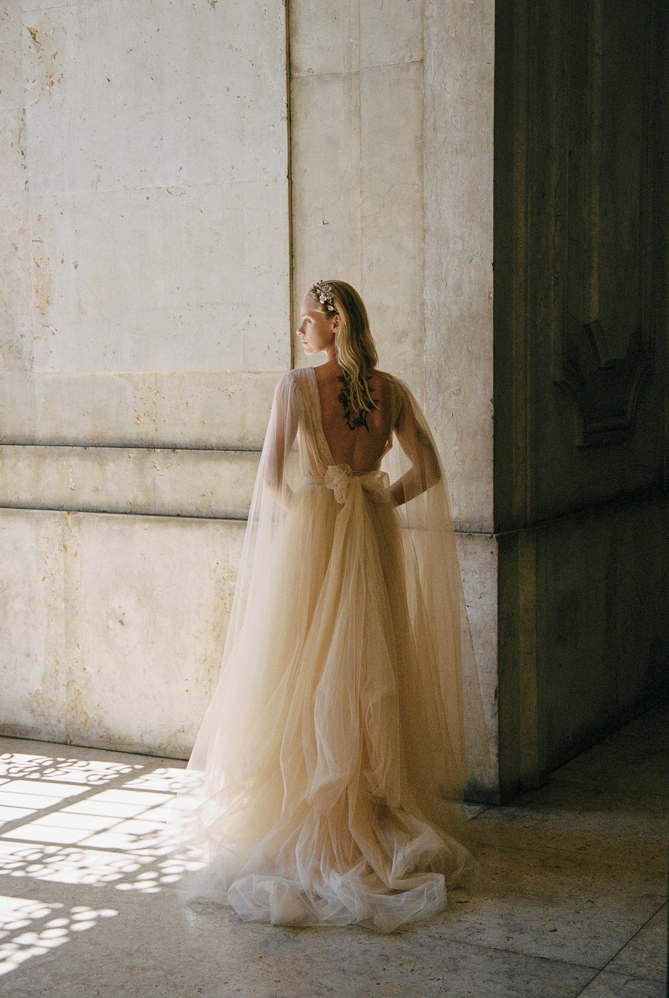Beaded ball gown wedding dress with cape sleeves 12 US / champagne Beaded ball gown wedding dress with cape sleeves 12 US / champagne
