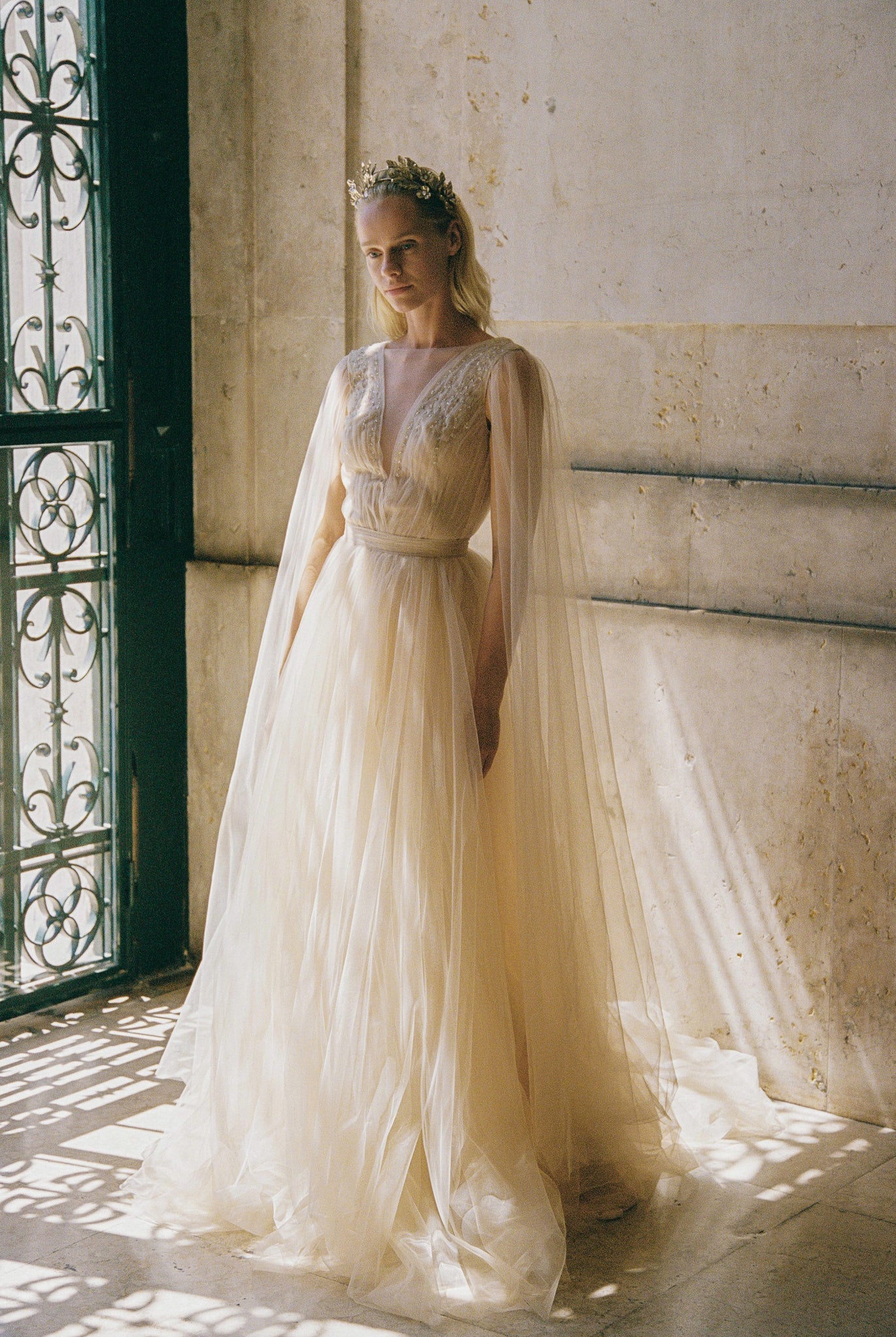 Beaded ball gown wedding dress with cape sleeves – Sumarokova Atelier