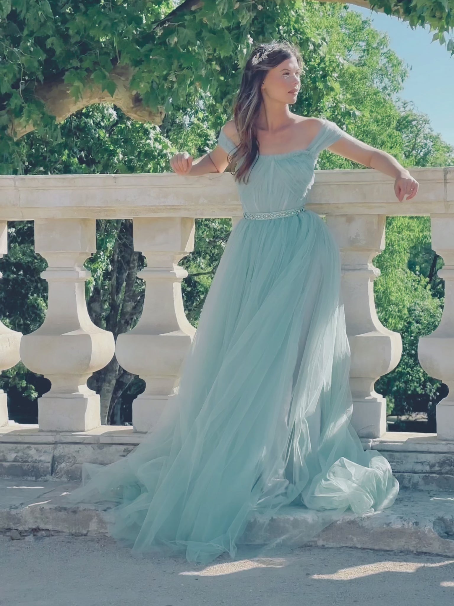 Frosty mint off-shoulder bridal dress with open back and full tulle skirt video