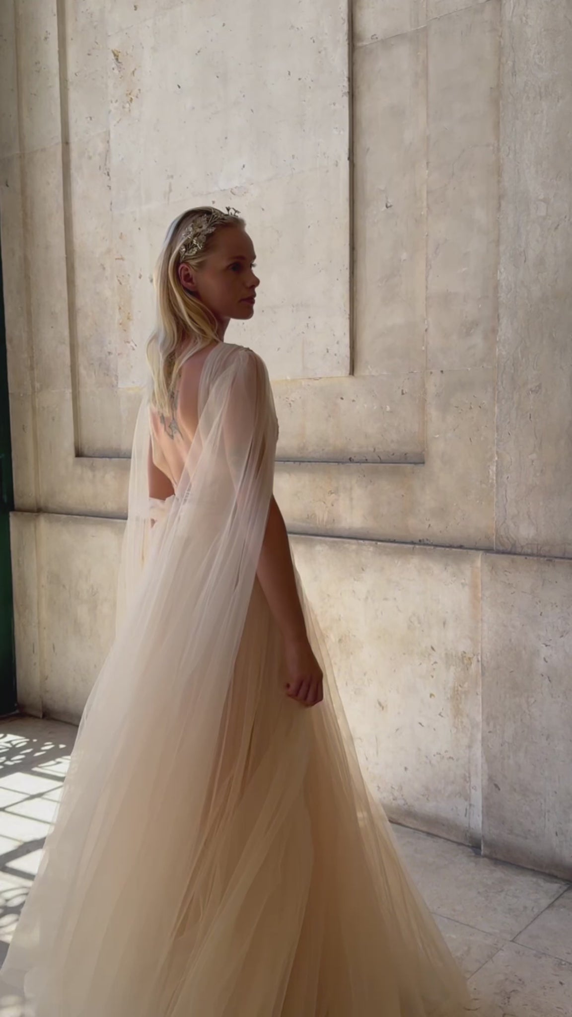 Beaded cape sleeves wedding gown video