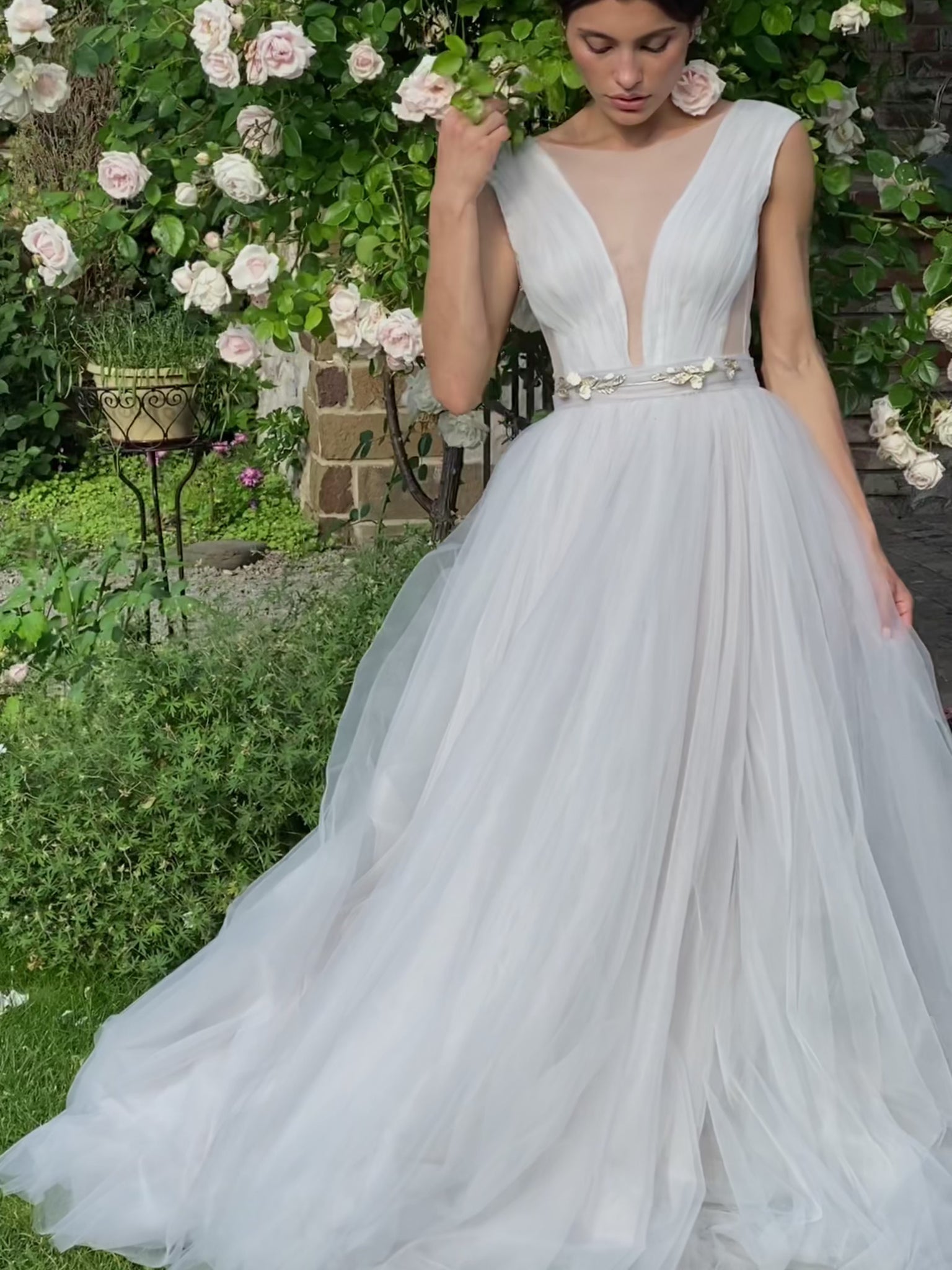 Light gray tulle wedding dress with fitted top video