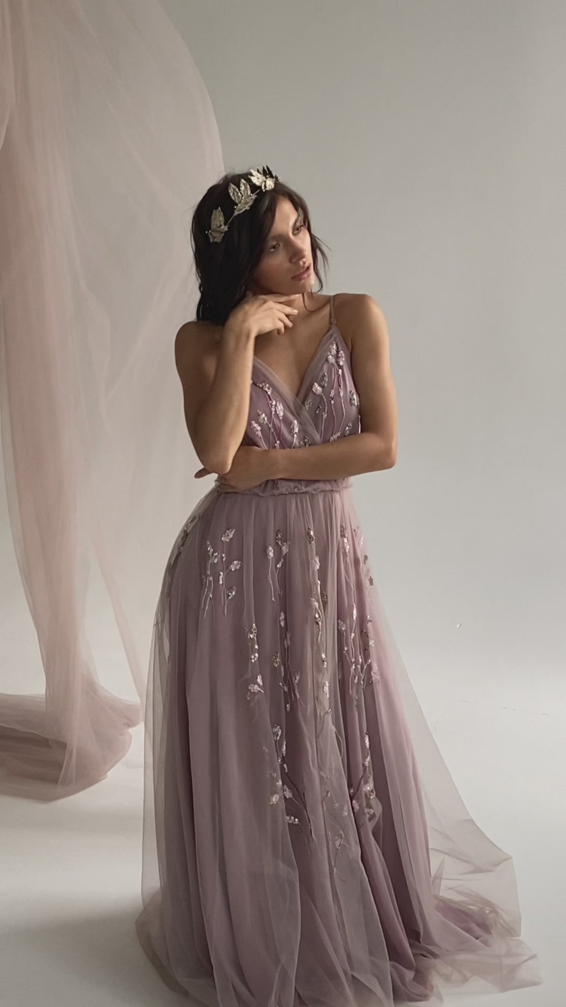 Boho embroidered wedding dress in pale purple  video