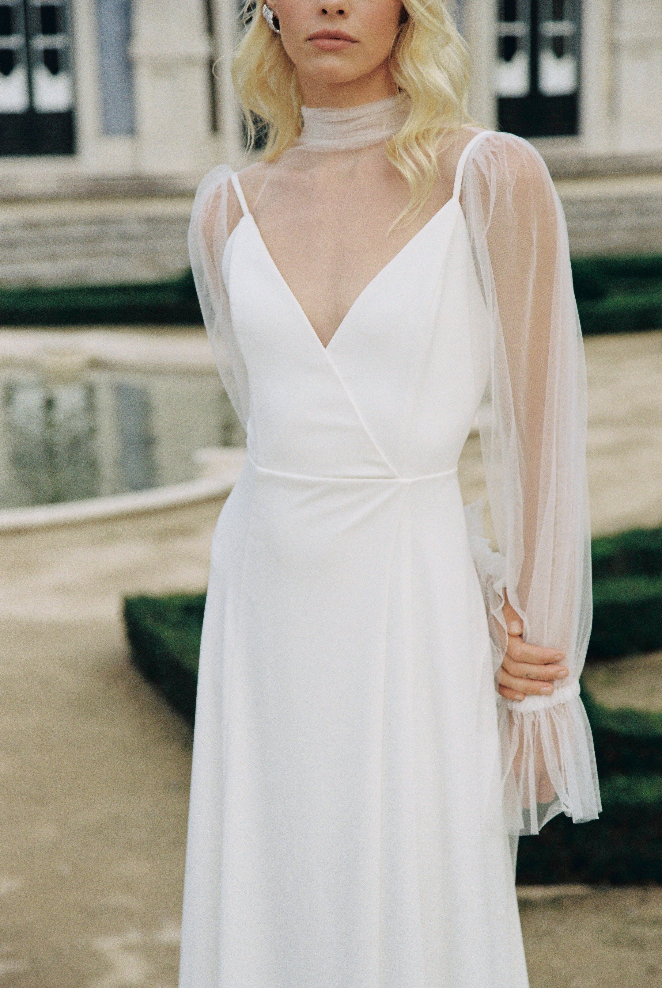 sheer arm dress Wedding see through sleeves 8 US / Natural White Diamond dress ✨ Cs apply. TEST Color:SteelBlue-LY350