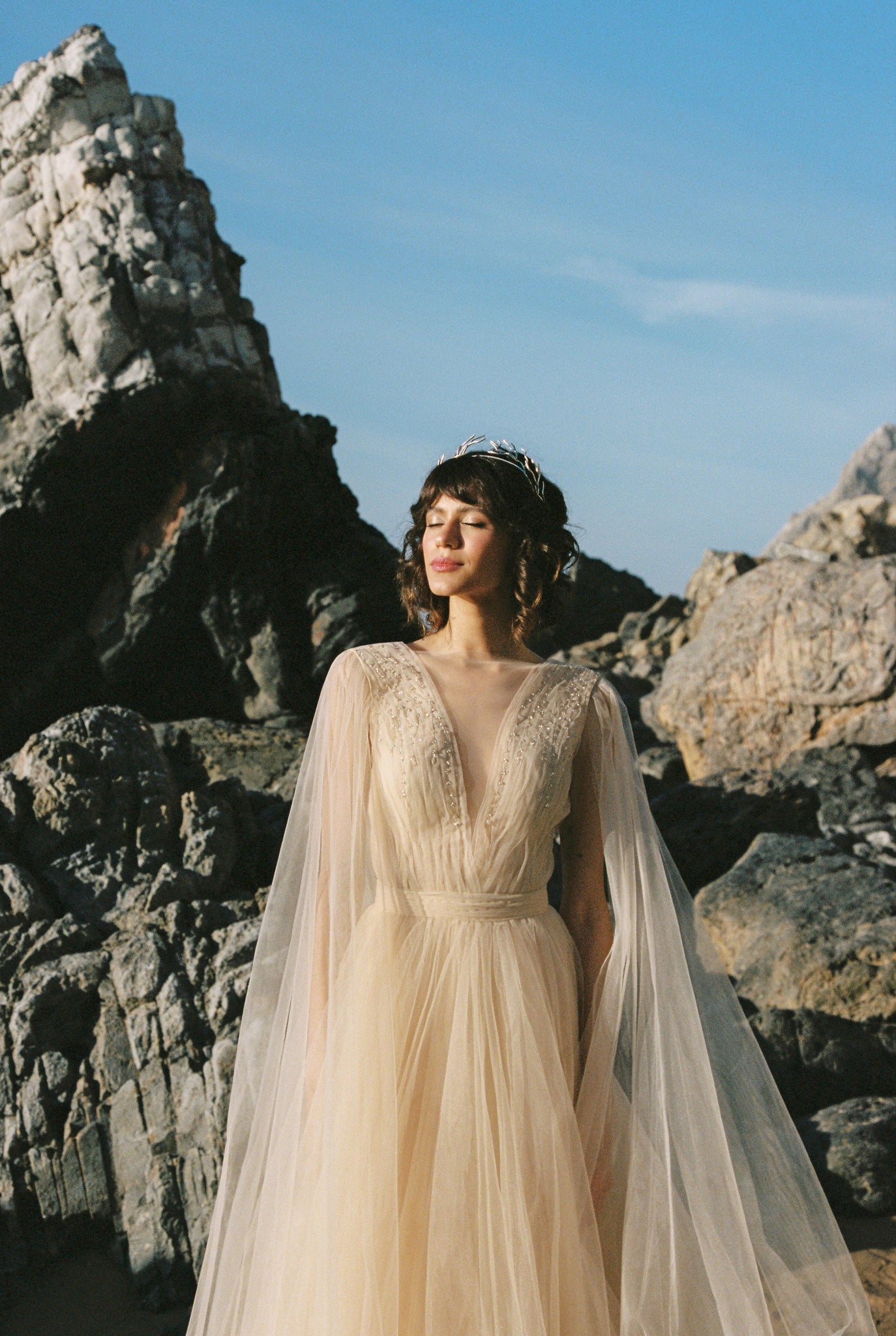 A-line beaded tulle wedding dress with cape sleeves photo 3