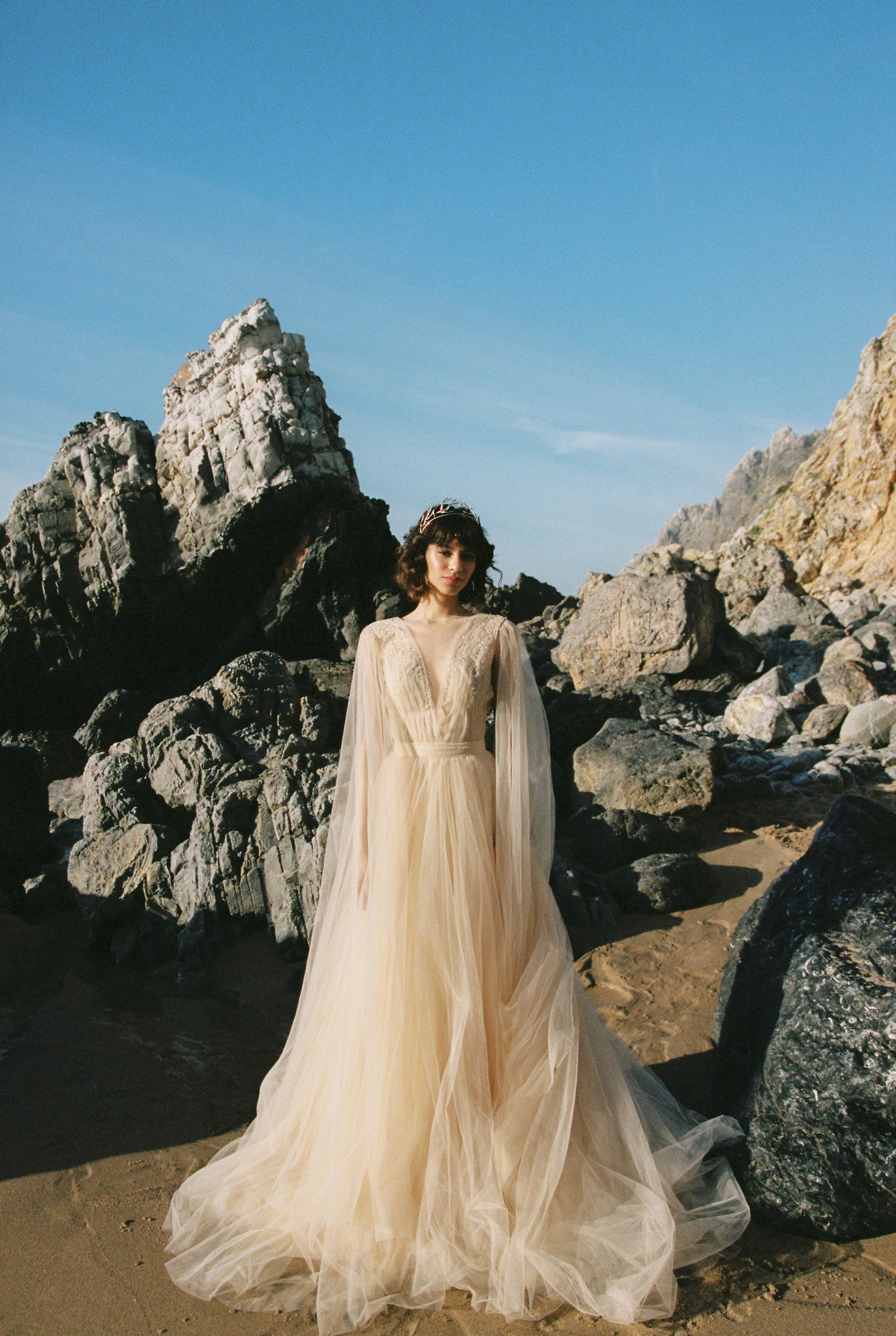 A-line beaded tulle wedding dress with cape sleeves photo 12