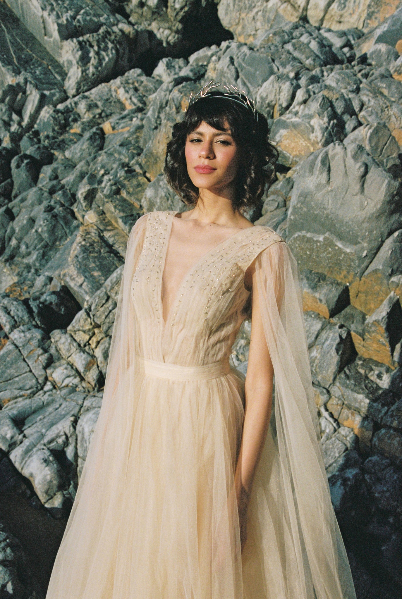 A-line beaded tulle wedding dress with cape sleeves – Sumarokova Atelier