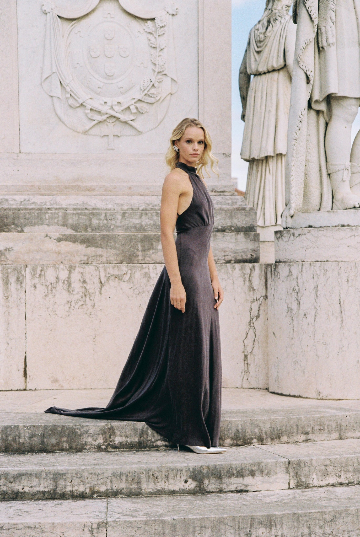 Silk halterneck gown in dark gray Sumarokova Atelier