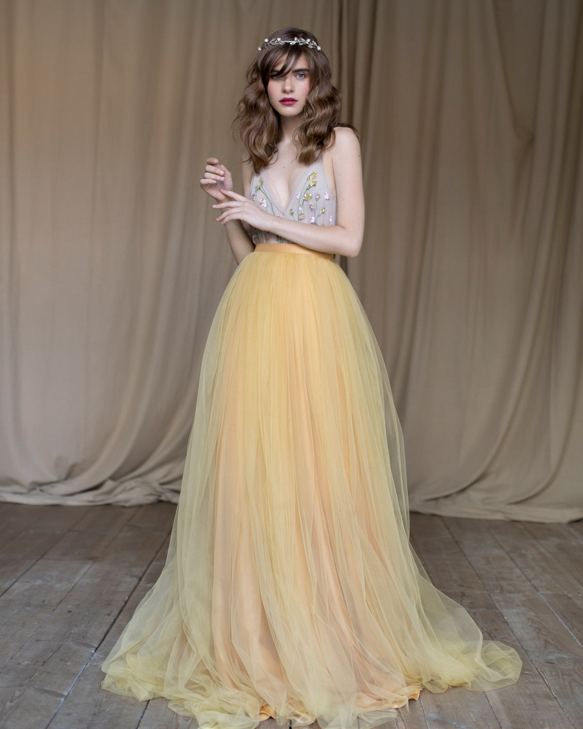 Long train tulle skirt in marigold photo 1