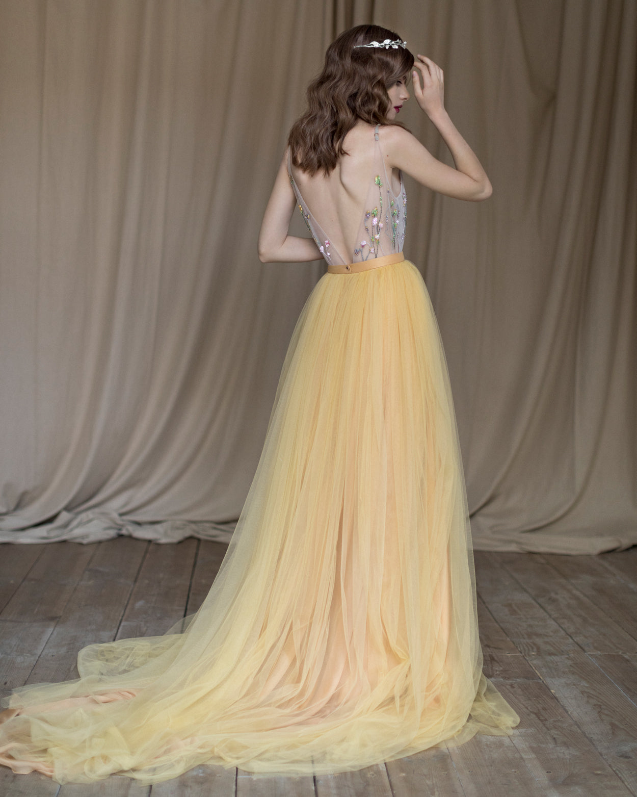 Long train tulle skirt in marigold photo 2