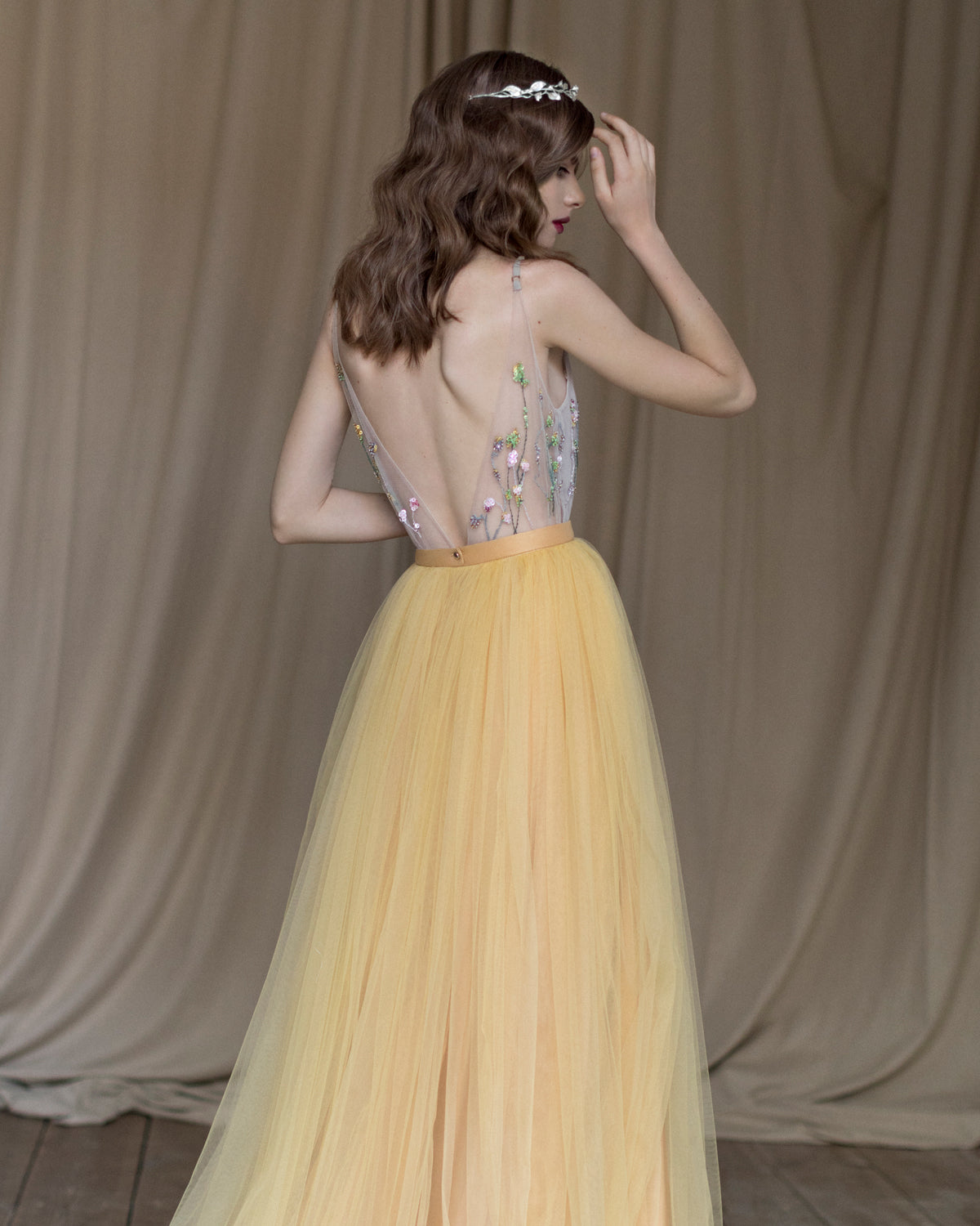 Long train tulle skirt in marigold photo 6