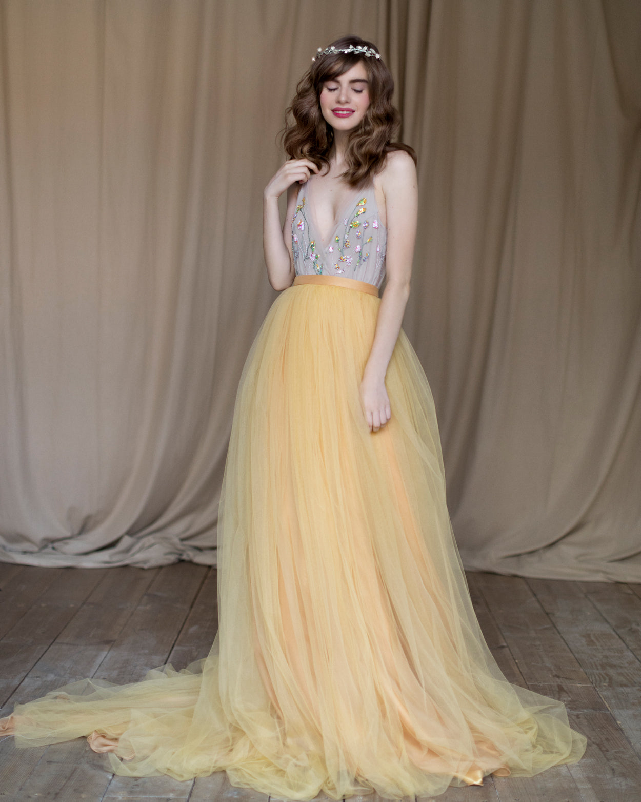 Long train tulle skirt in marigold photo 3