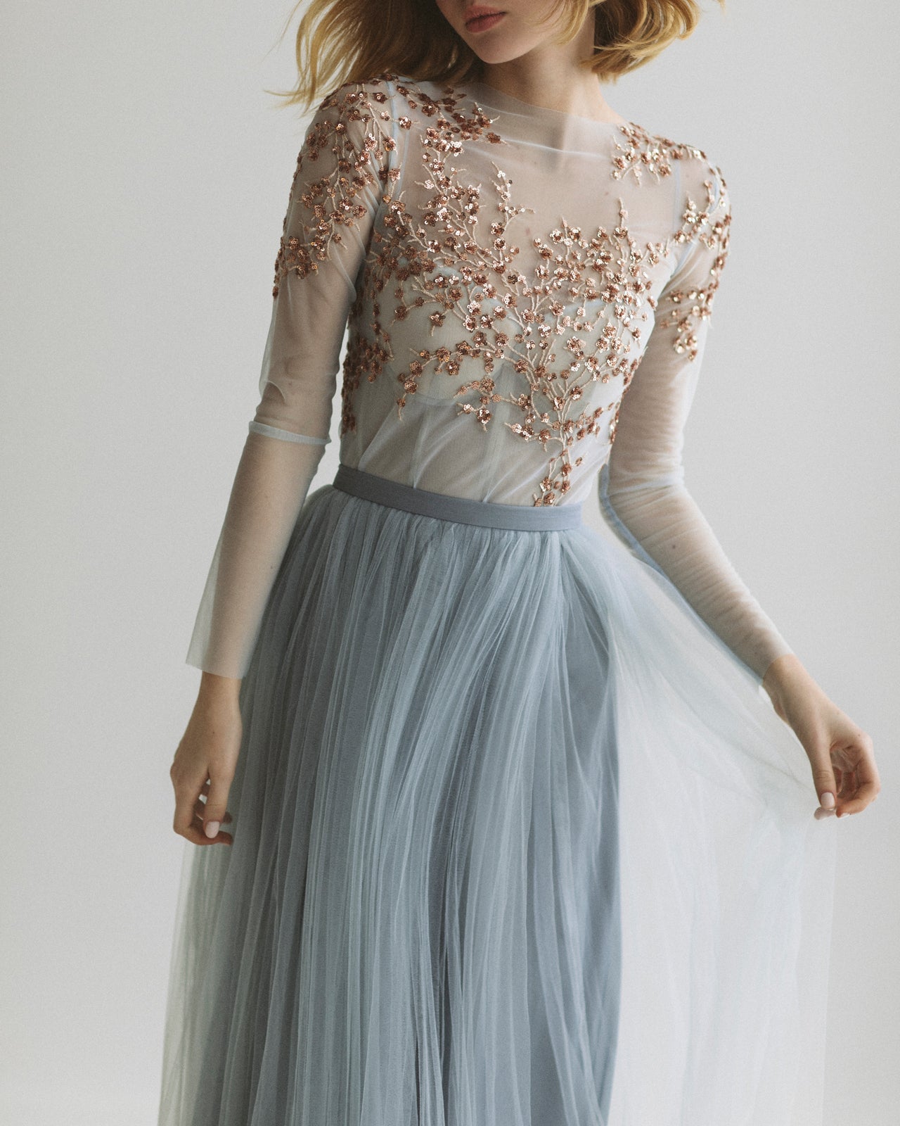 Pale blue wedding dress with handmade flowers embroidery – Sumarokova