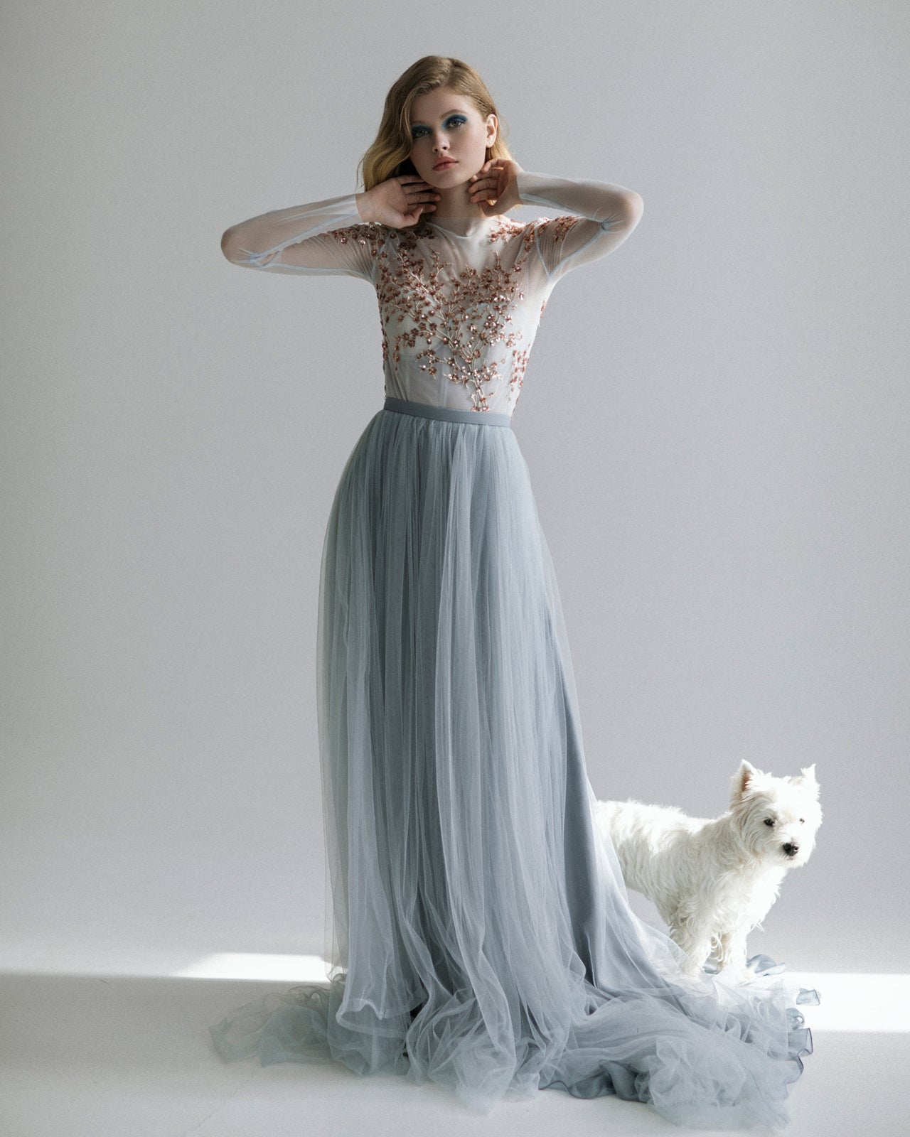 Pale blue wedding dress with handmade flowers embroidery – Sumarokova