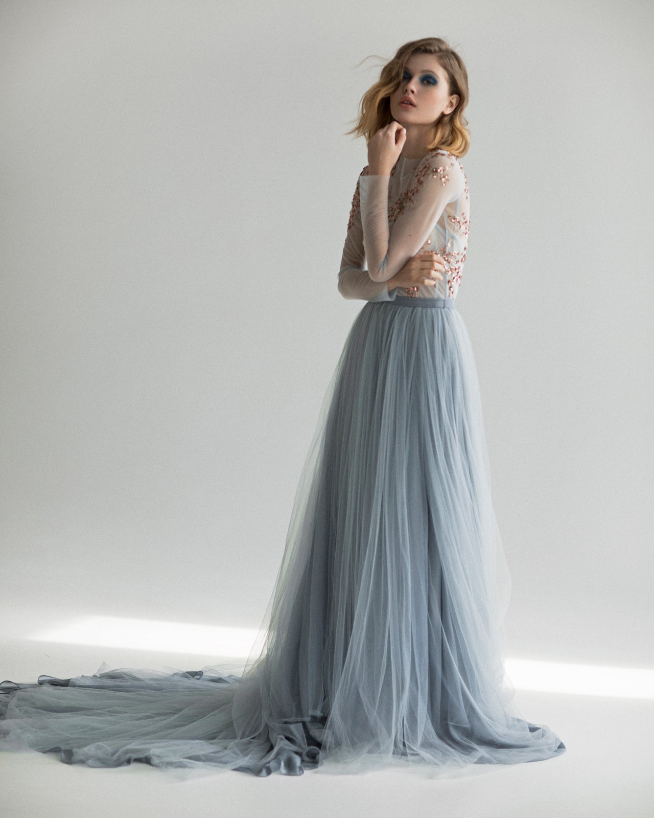 Pale blue wedding dress with handmade flowers embroidery – Sumarokova