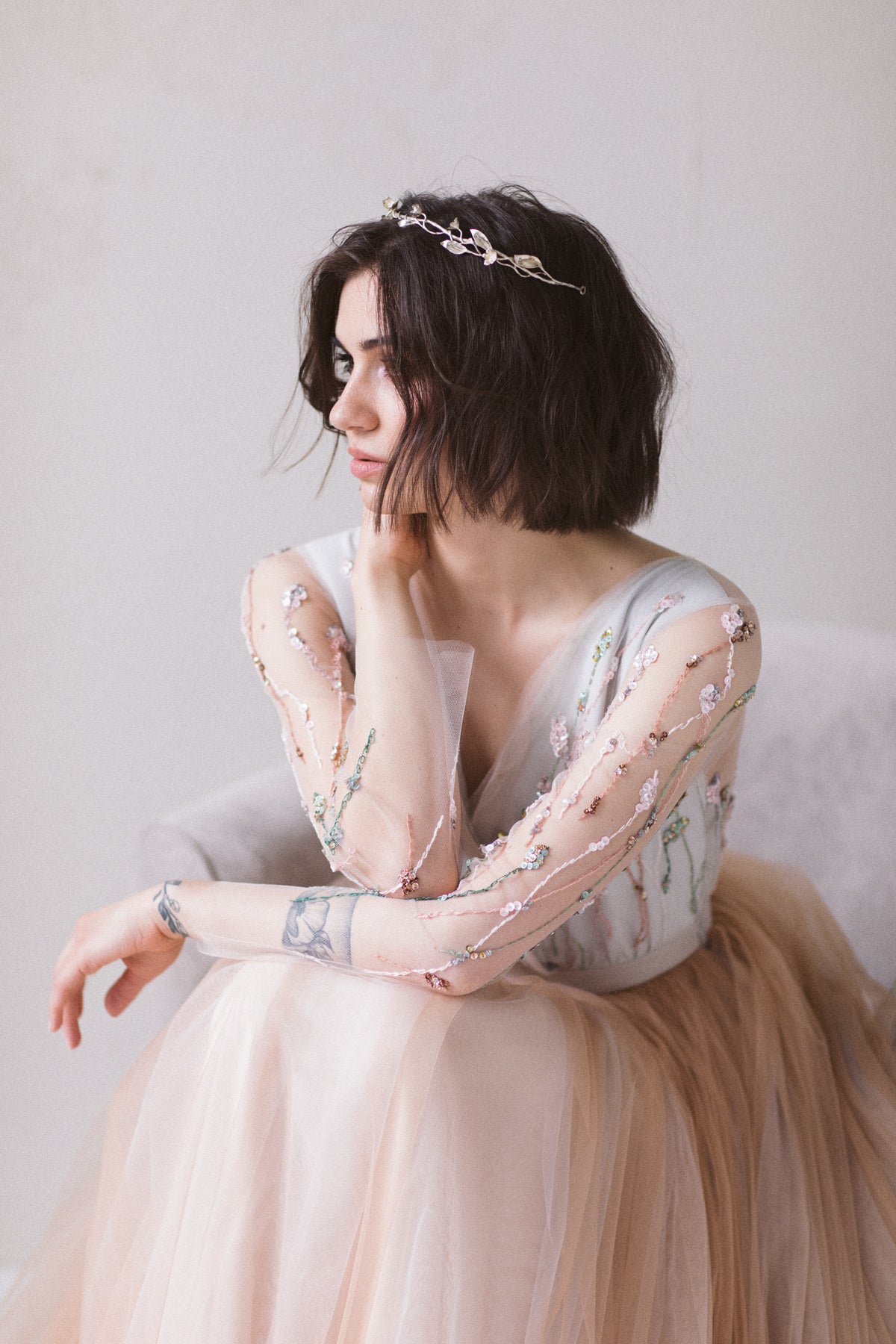 Full wedding dress with long sleeves and unique hand-made embroidery photo 19