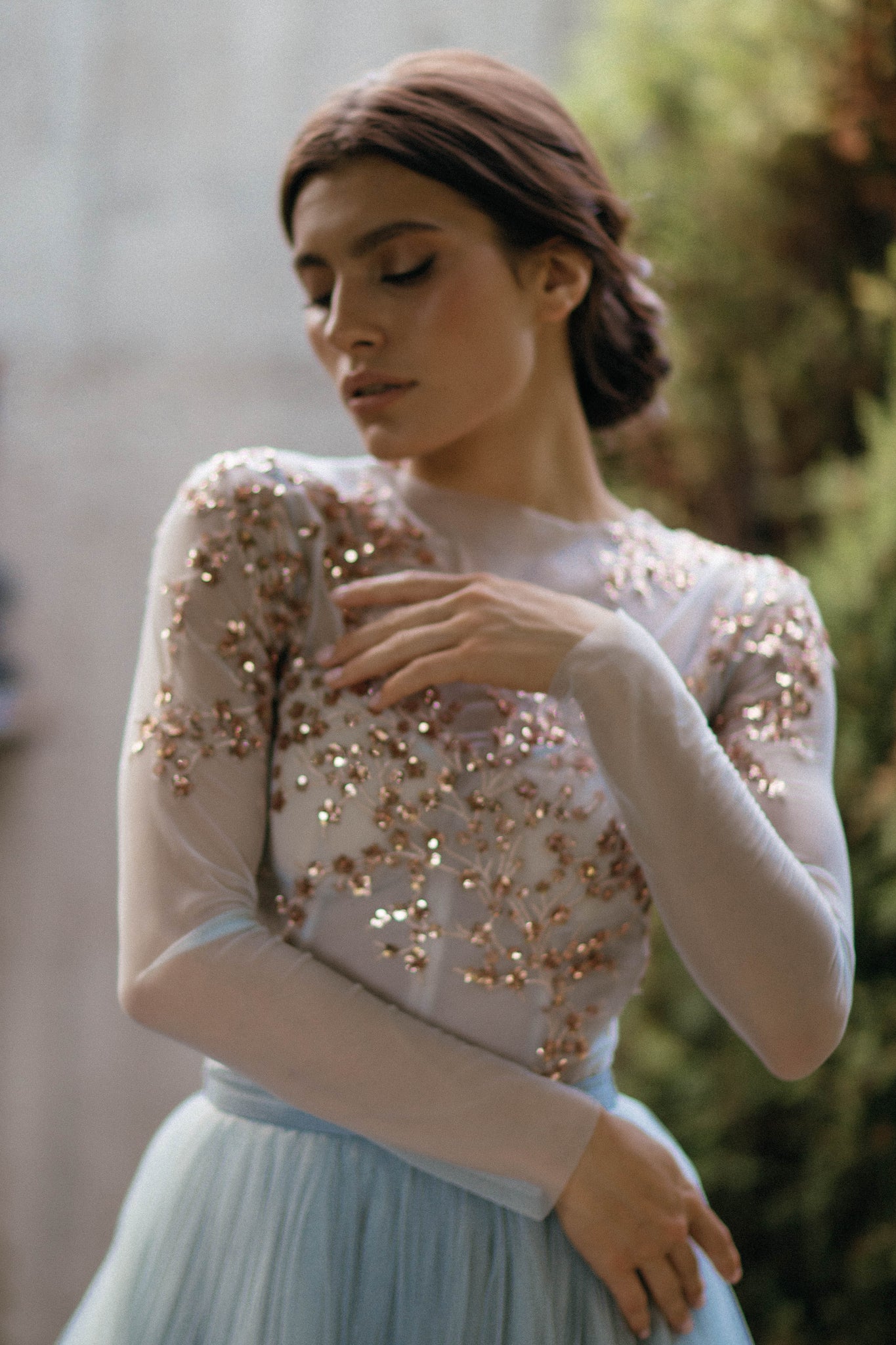 Wedding mesh top with a golden hand-made embroidery BREE