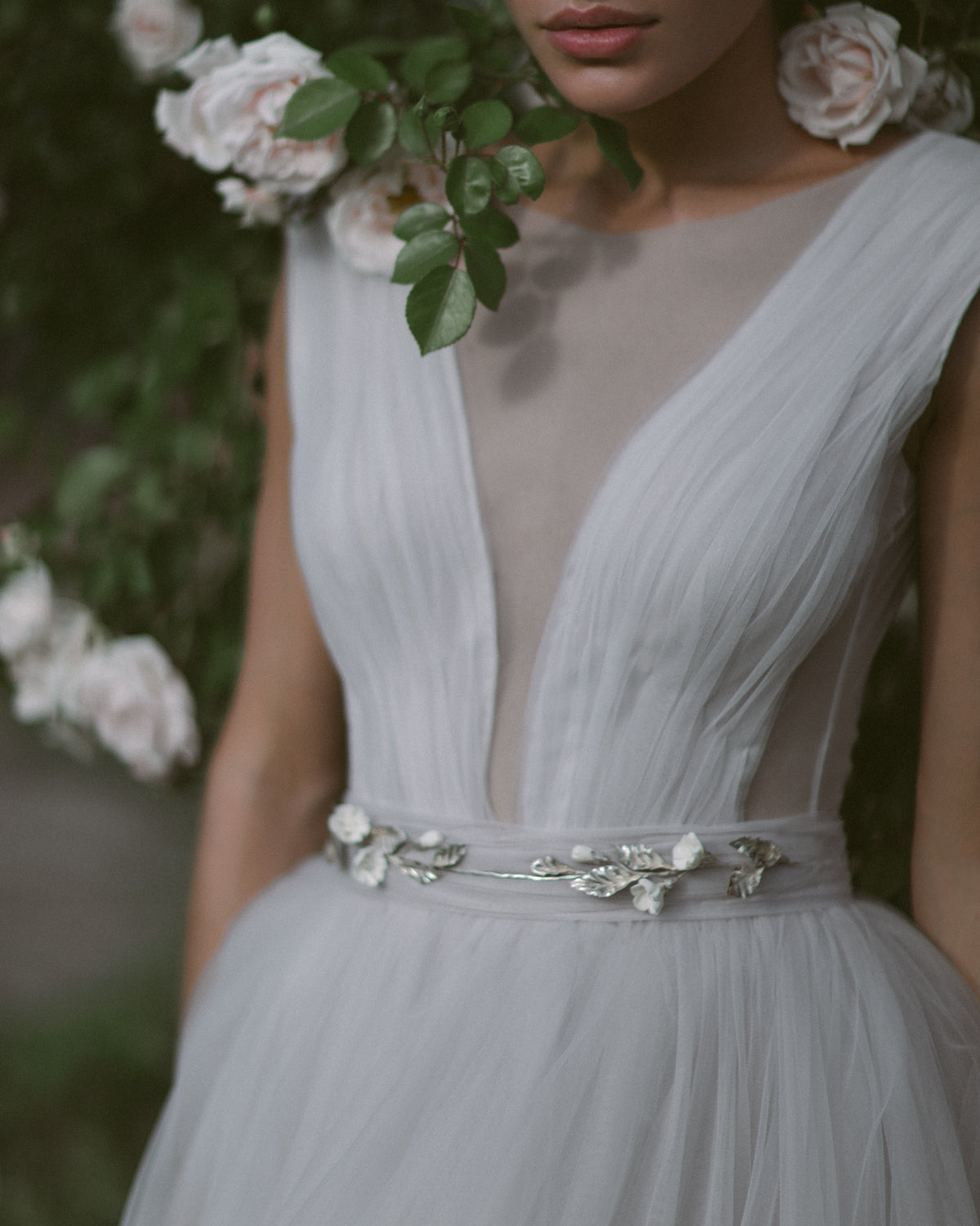 Light gray tulle wedding dress with fitted top photo 1