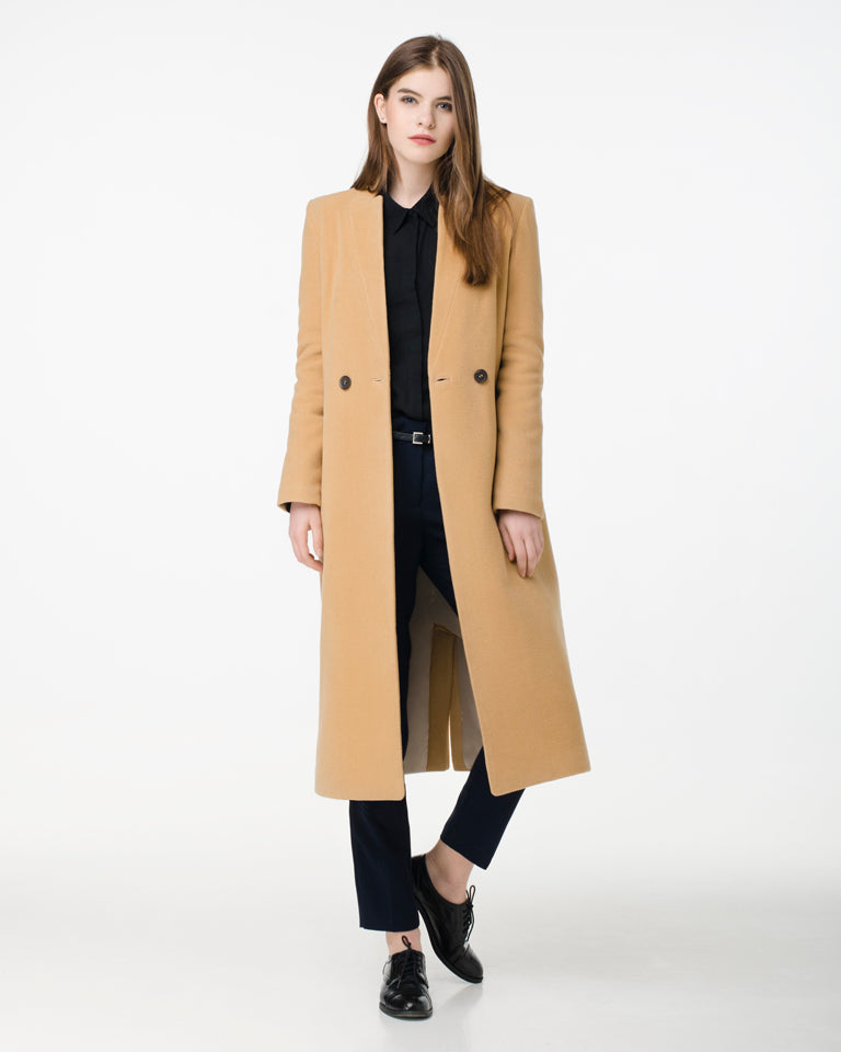 Collarless camel wool coat photo 3