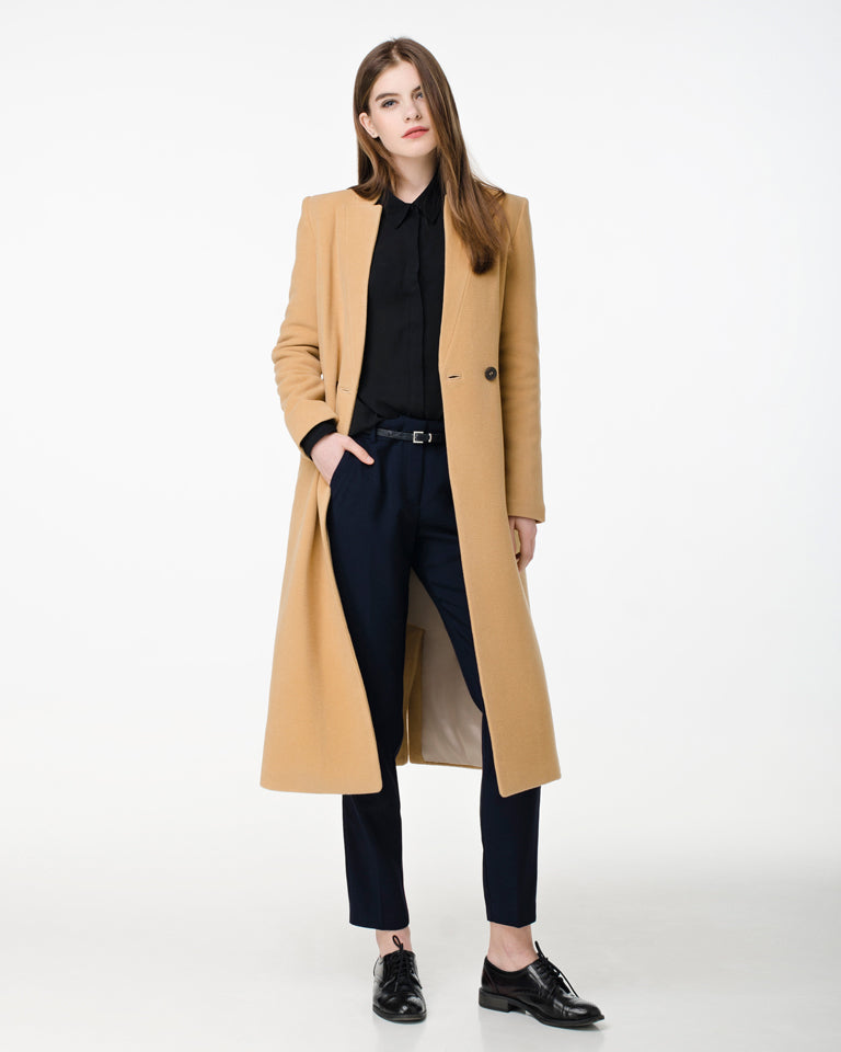 Collarless camel wool coat photo 5