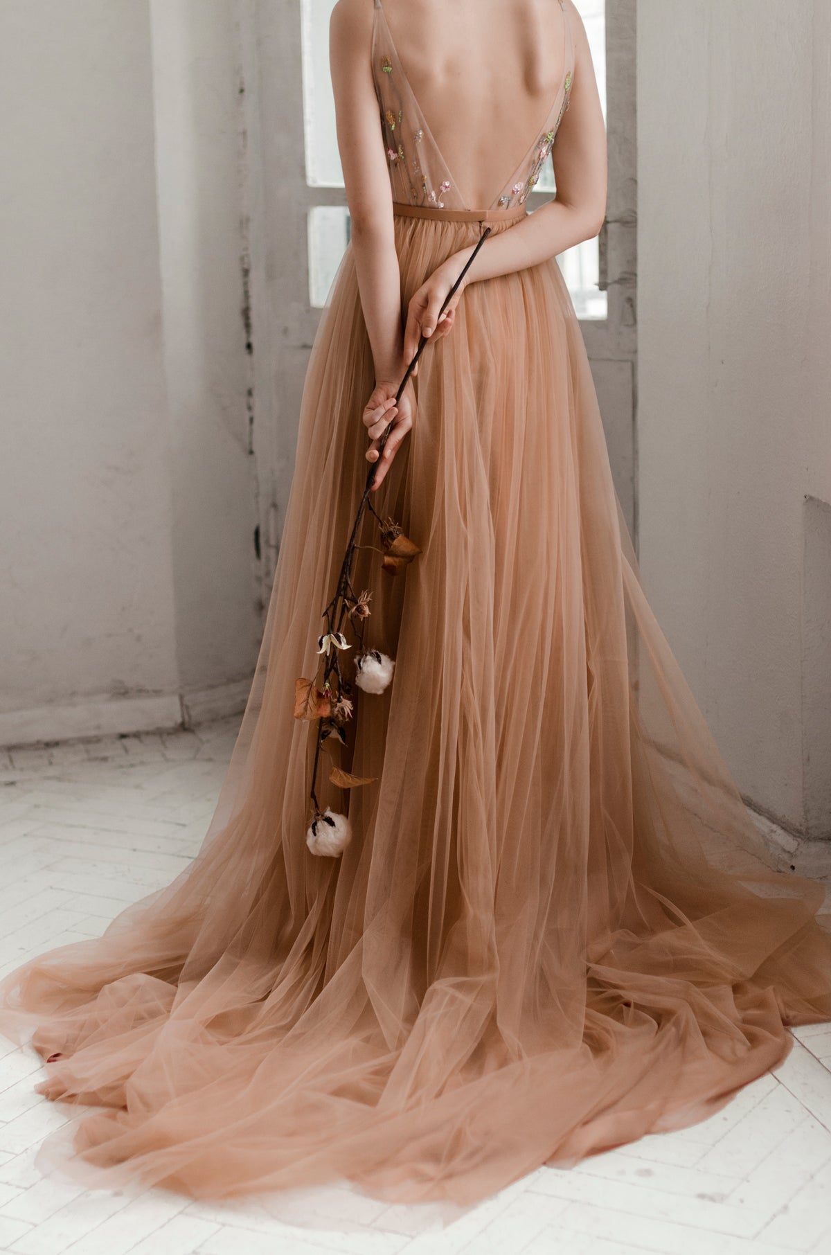 Tulle Beige copper wedding dress with full skirt photo 5